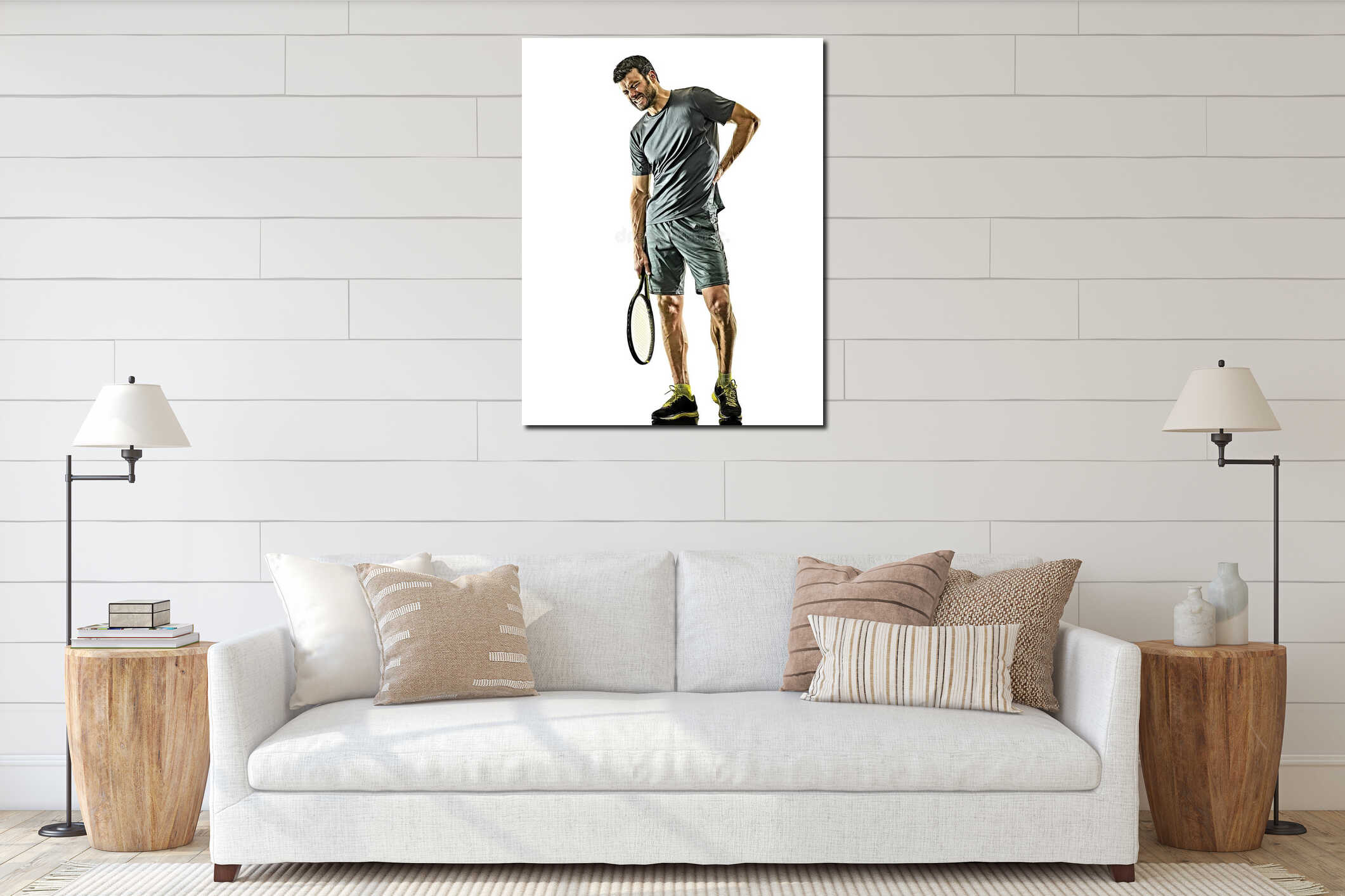 Mature tennis player man physical pain injury isolated white background interior mockup