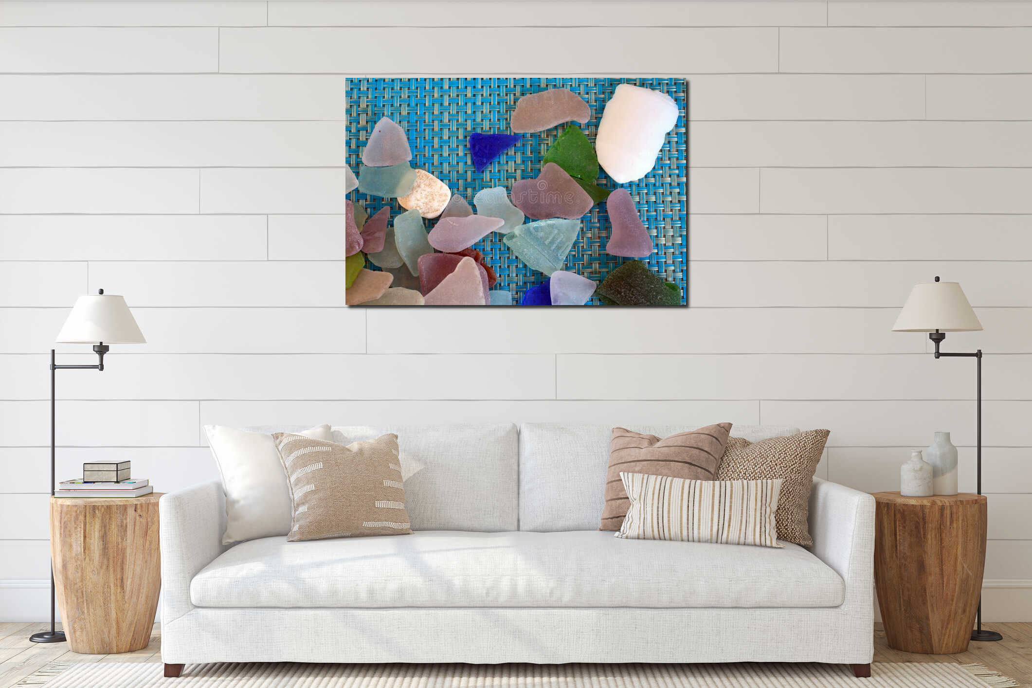 Colorful sea glass on a teal background interior mockup