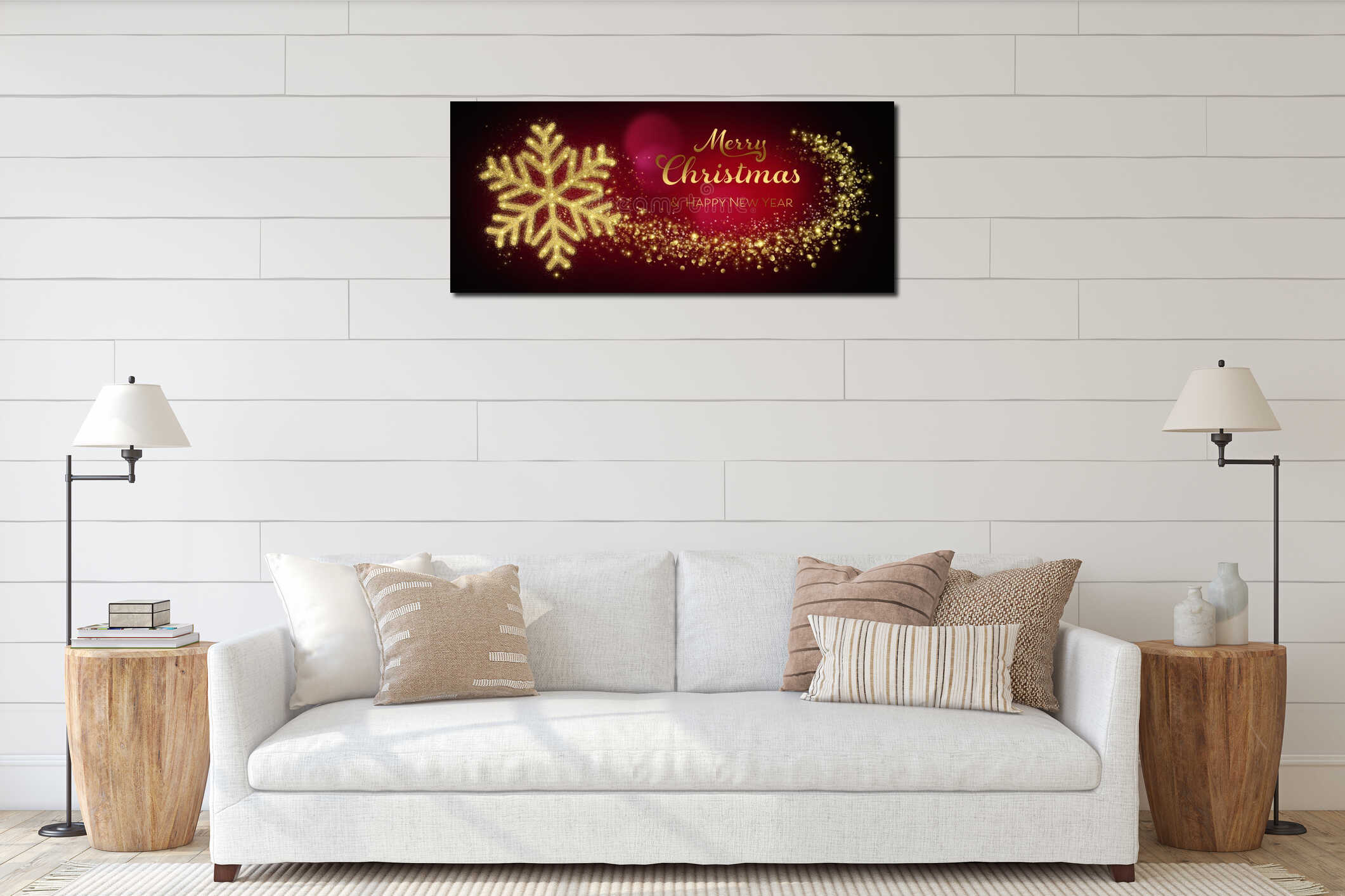 Merry Christmas And Happy New Year Card With Golden Snowflake In Abstract Red Night interior mockup