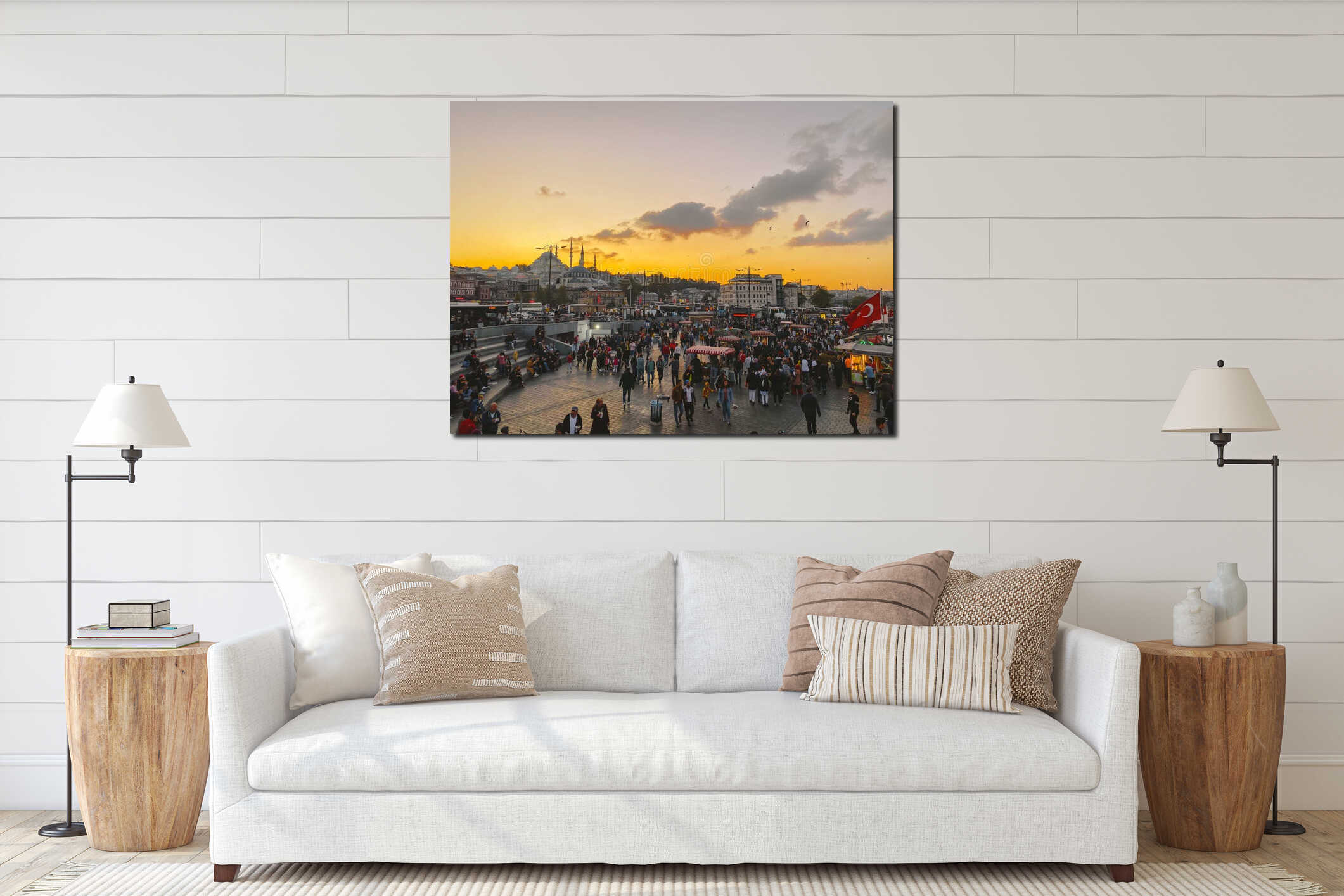 October 27, 2019. Eminonu square by sunset, Istanbul, in Turkey. People rest and socialize in a square near Galata Bridge, interior mockup