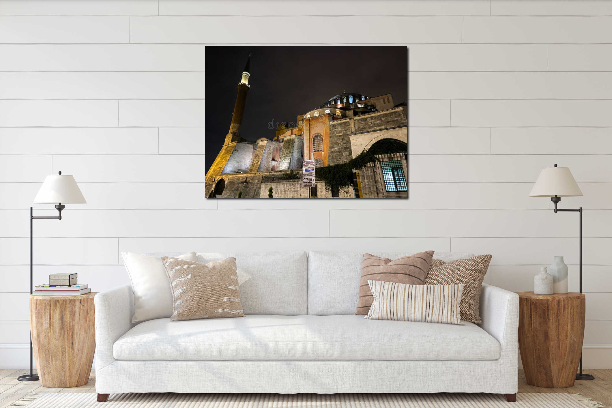 Ayasofya Museum, Hagia Sophia in Sultan Ahmet park in Istanbul, Turkey October 25, 2019 in a beautiful summer night scene and interior mockup