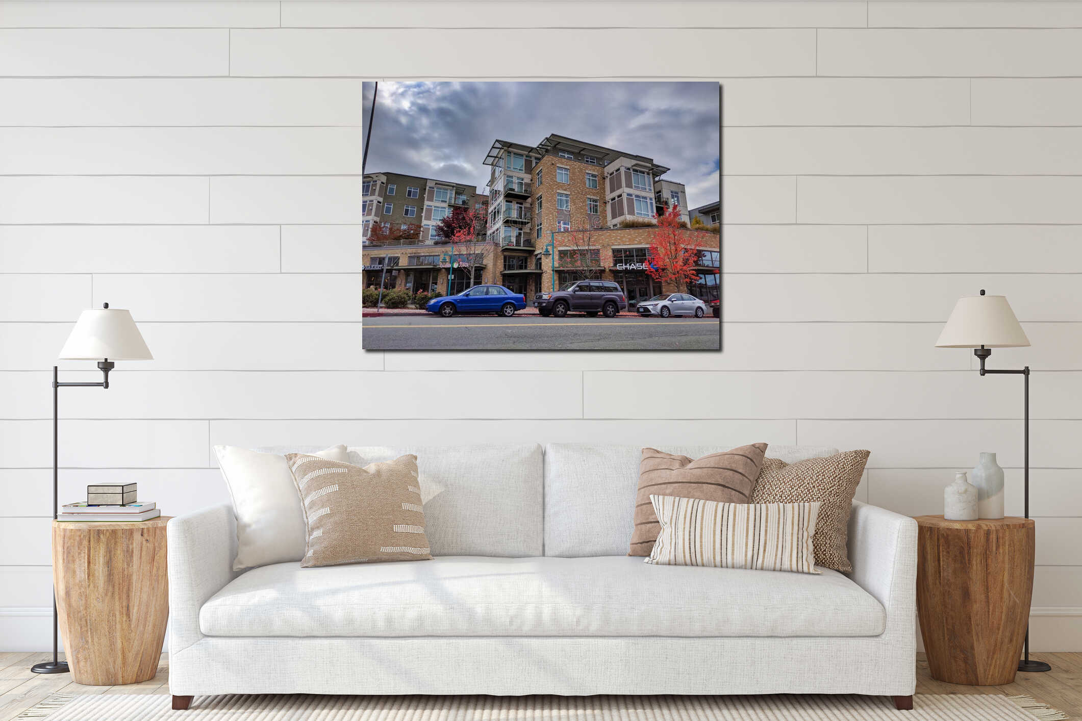 Cars parked in front of a Chase Bank in downtown Kirkland during day time interior mockup