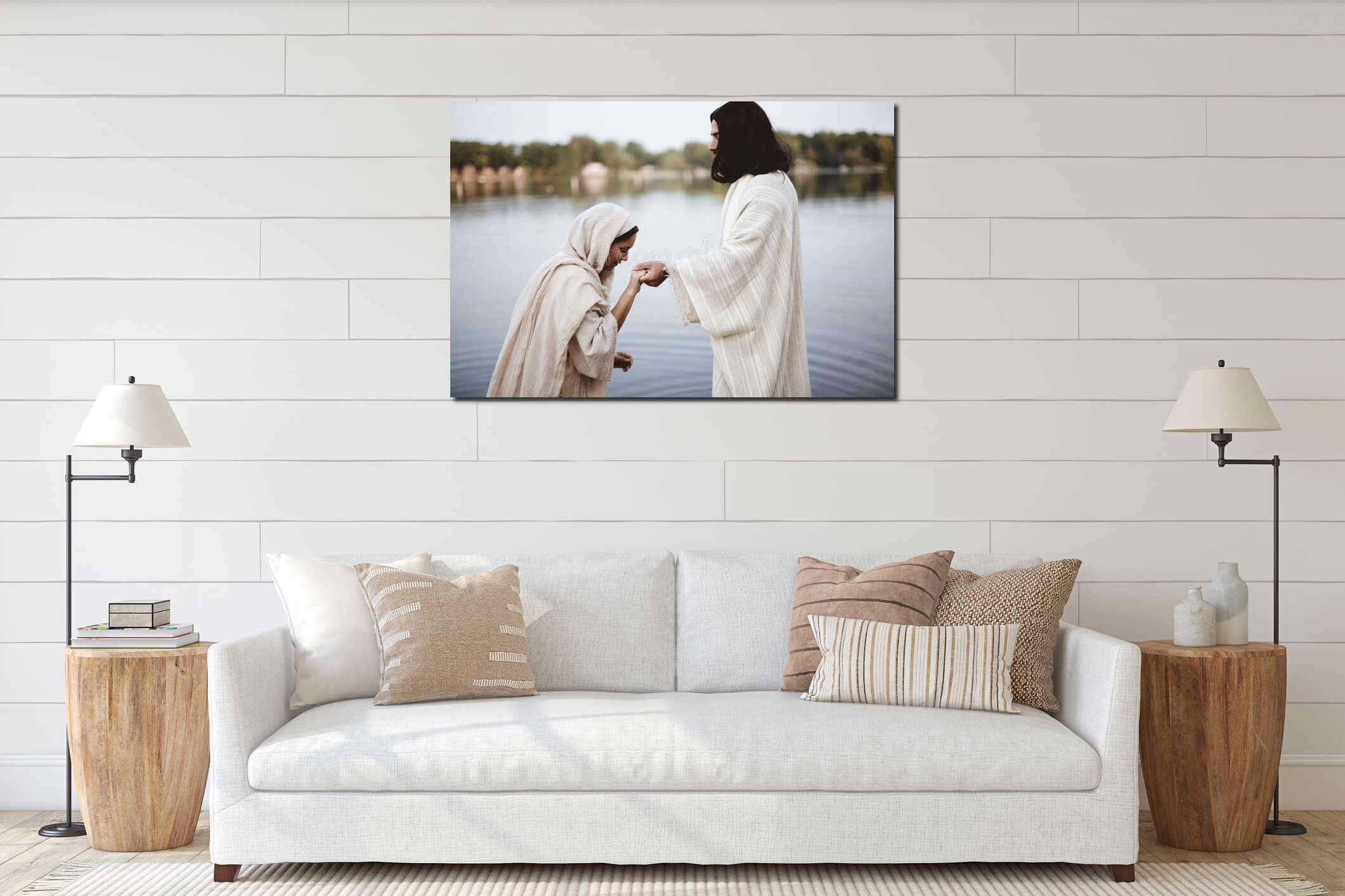 Shallow focus shot of a female wearing a biblical gown while holding the hand of Jesus Christ interior mockup