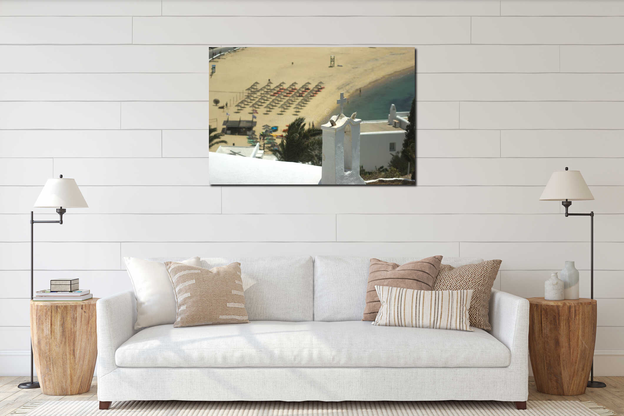 A small Greek church at the beautiful Greek island of Ios. The beach at Mylopotos bey forms the background. interior mockup