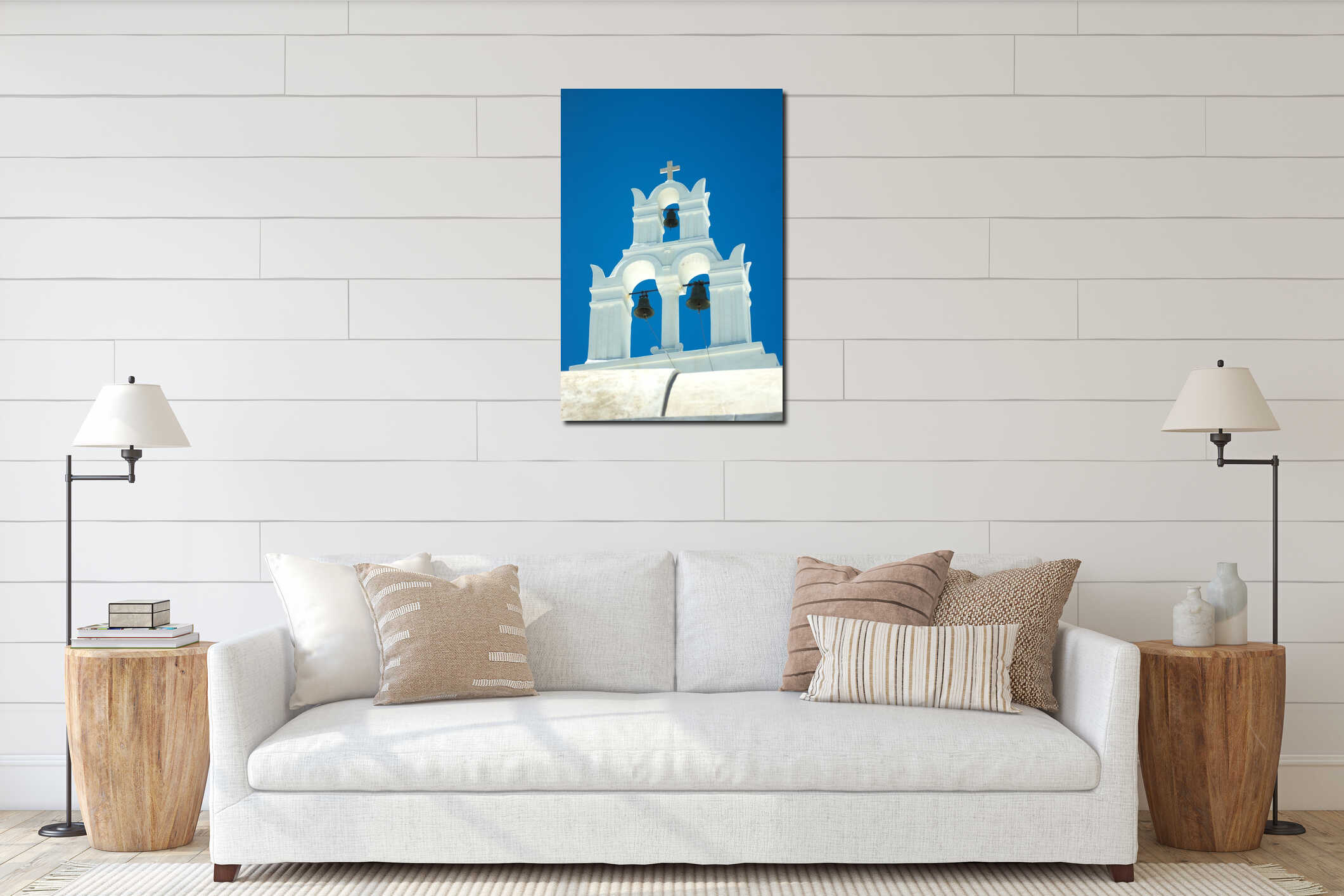 Elegant Greek church bell tower with blue sky background. Anafi island, Greece. interior mockup
