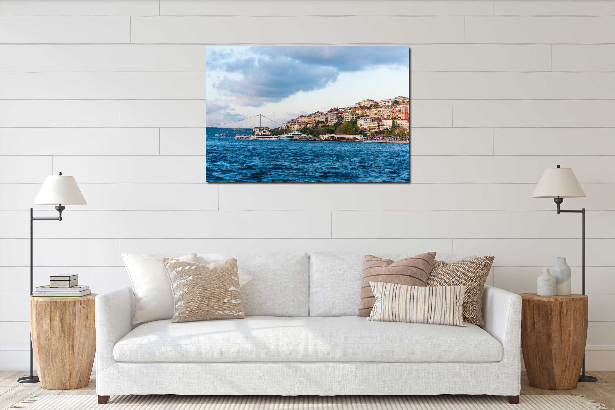 Beautiful buildings and bridge under sunset at the  at Uskudar, Istanbul, Turkey, on the Anatolian shore of the Bosphorus interior mockup
