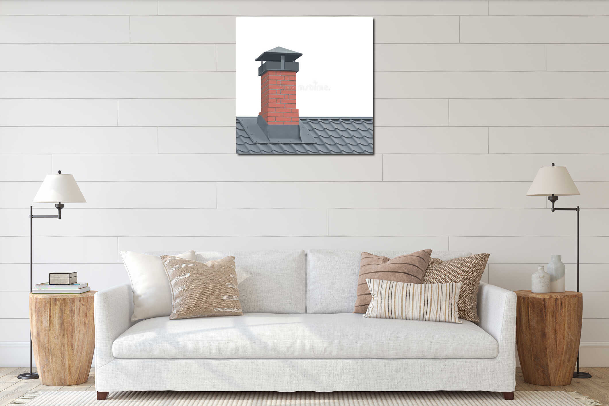 Red Brick Chimney, Grey Steel Tile Roof Texture, Isolated Tiled Roofing, Large Detailed Vertical Closeup, Modern Residential House interior mockup