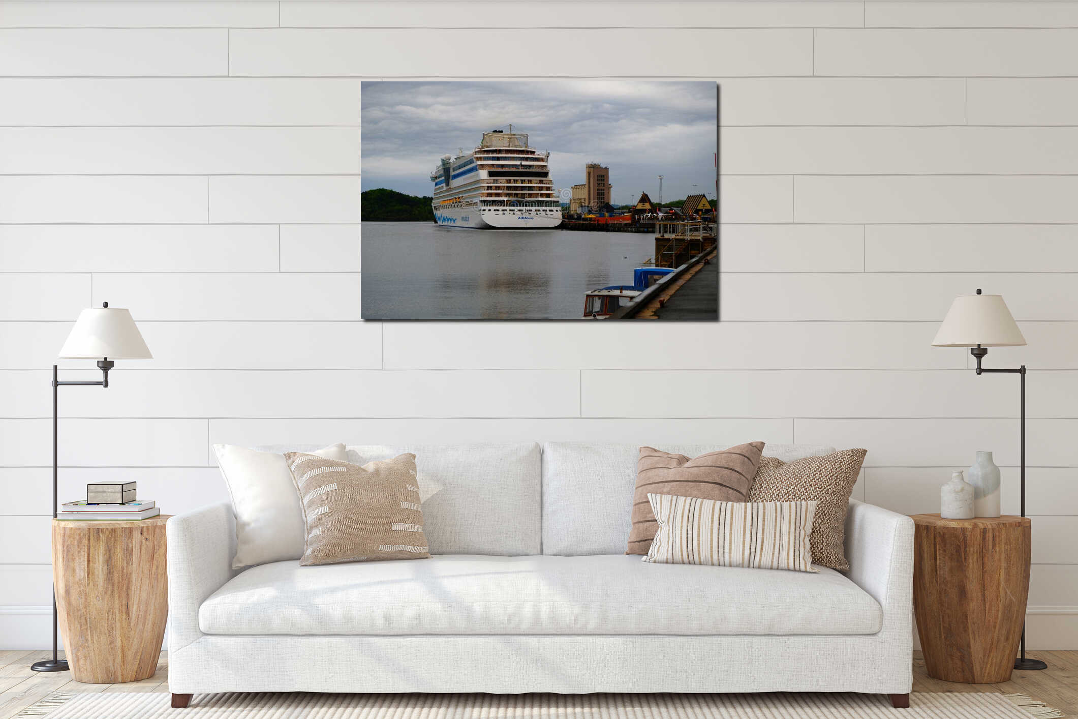 Port in Oslo with big cruise ship in Oslo city, Norway. interior mockup