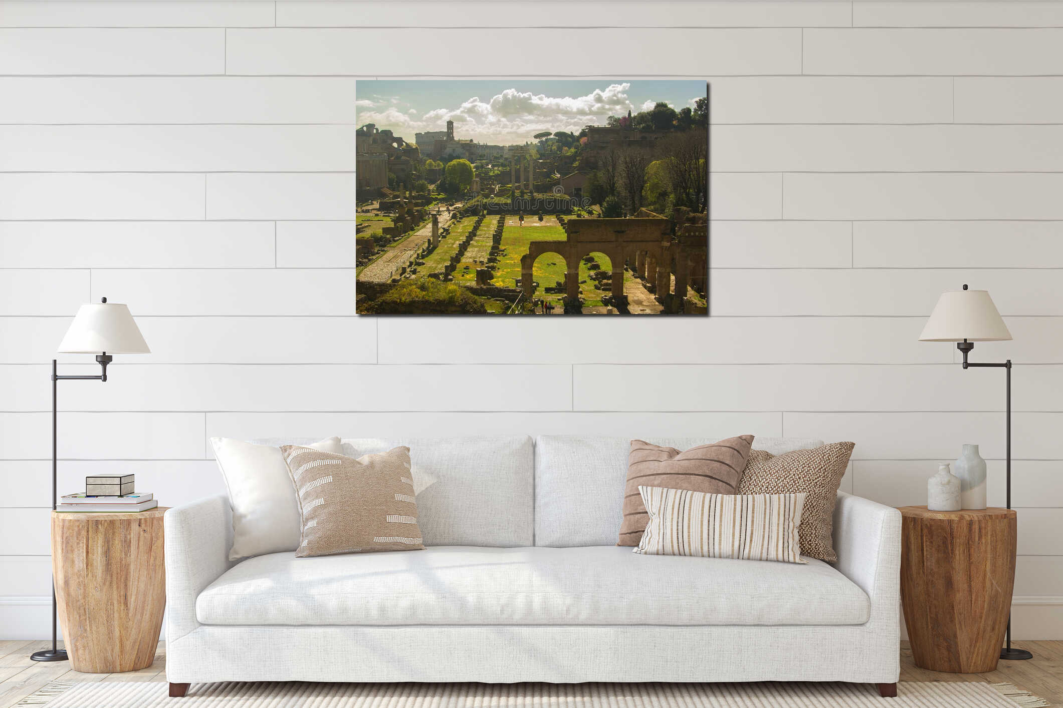 Background  of cityscape, view of the ruins of the Roman Forum from the height of Capitoline Hill interior mockup