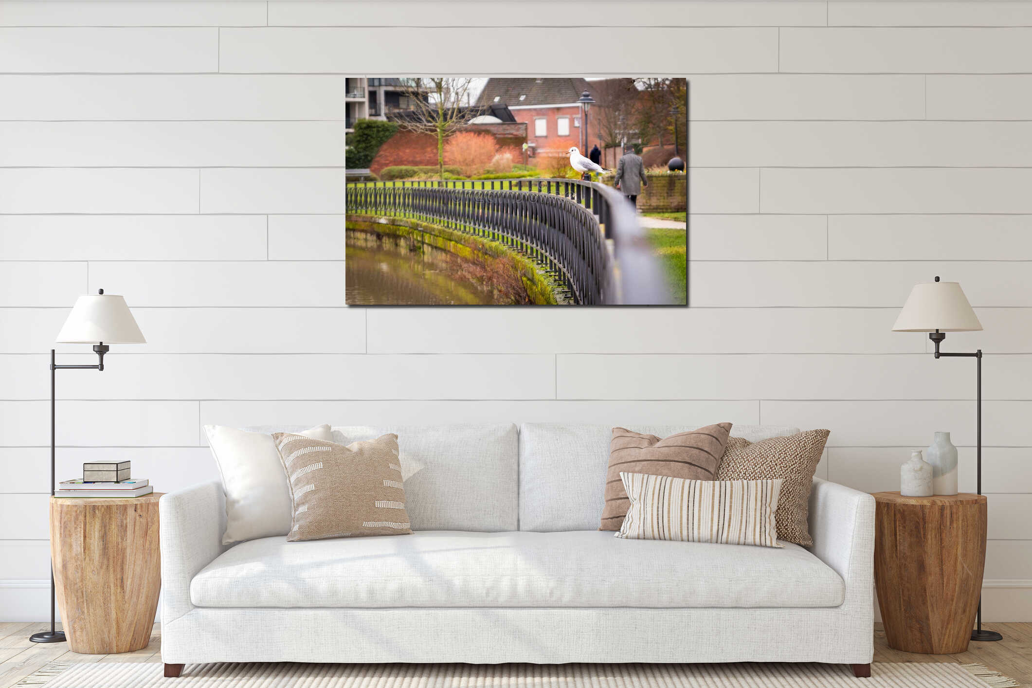 Seagull staying on railling on a park interior mockup