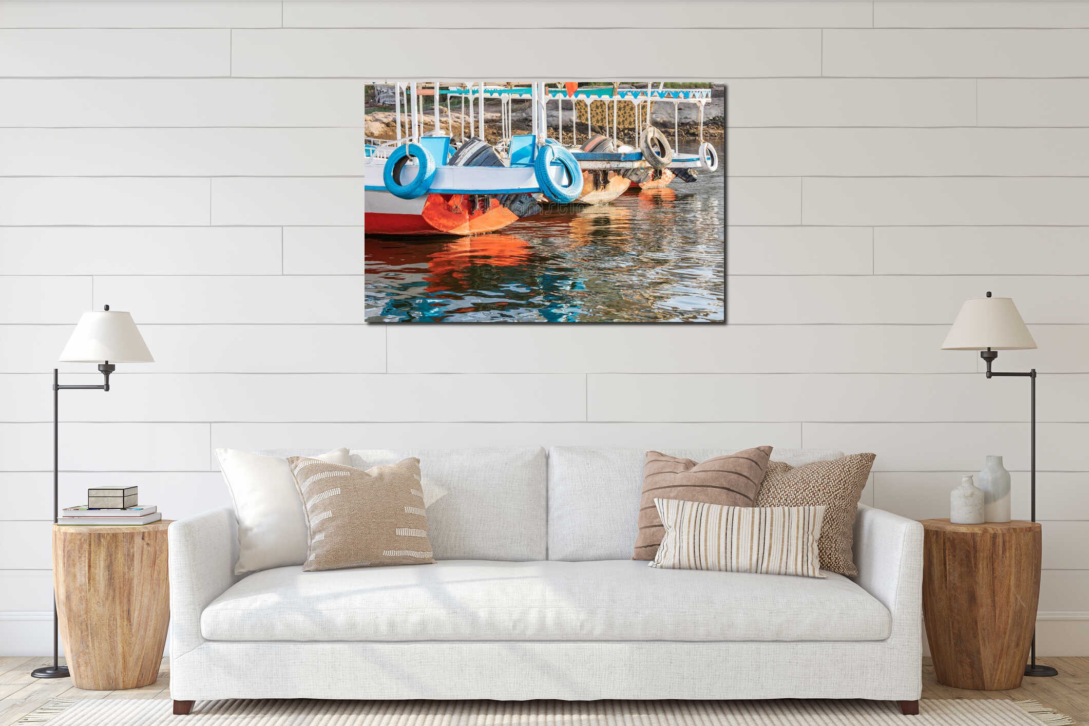 Small boats which transport tourists to Agilkia Island and Philae Temple on the Nile River interior mockup