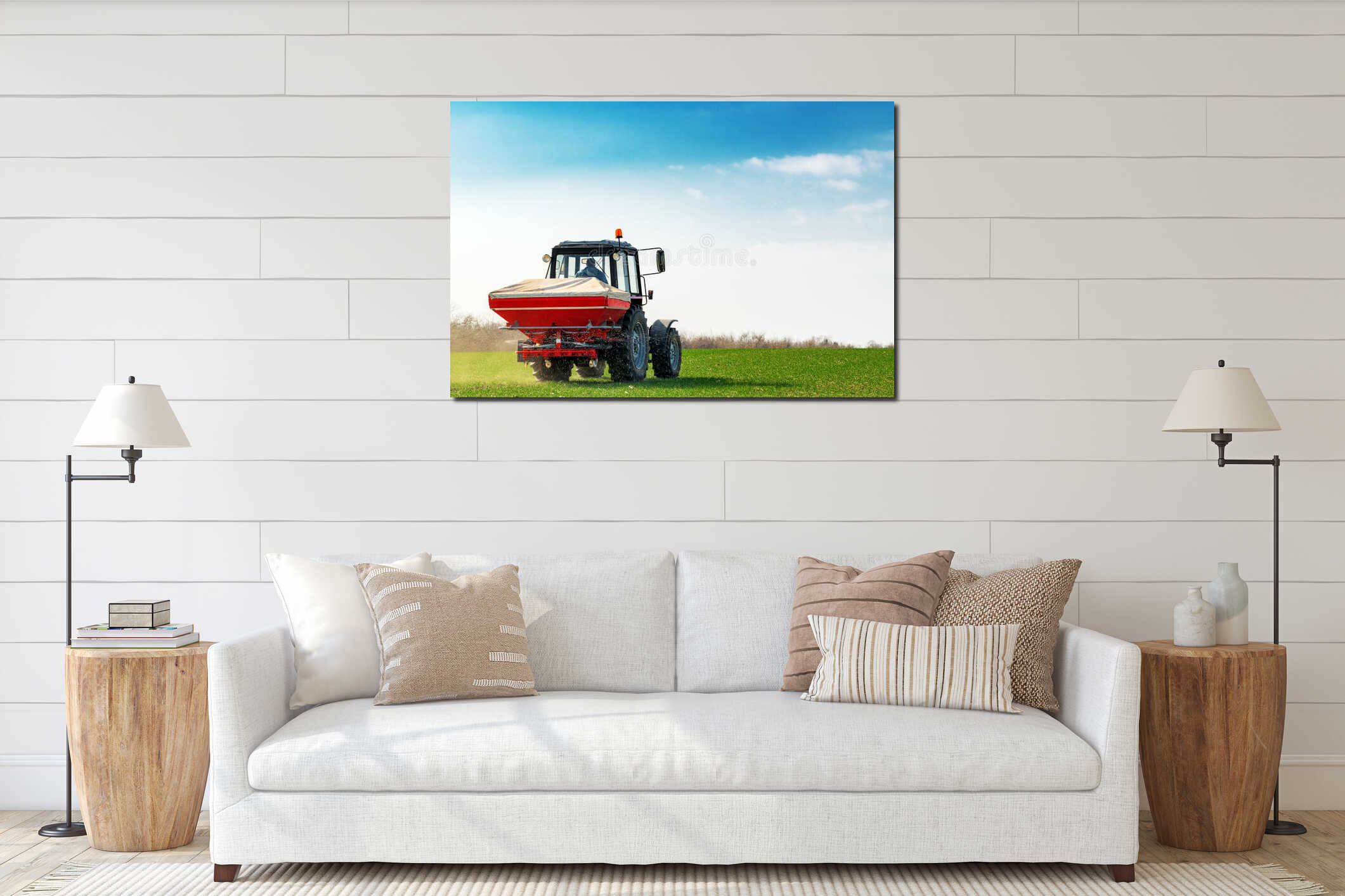 Agricultural tractor fertilizing wheat crop field with NPK interior mockup