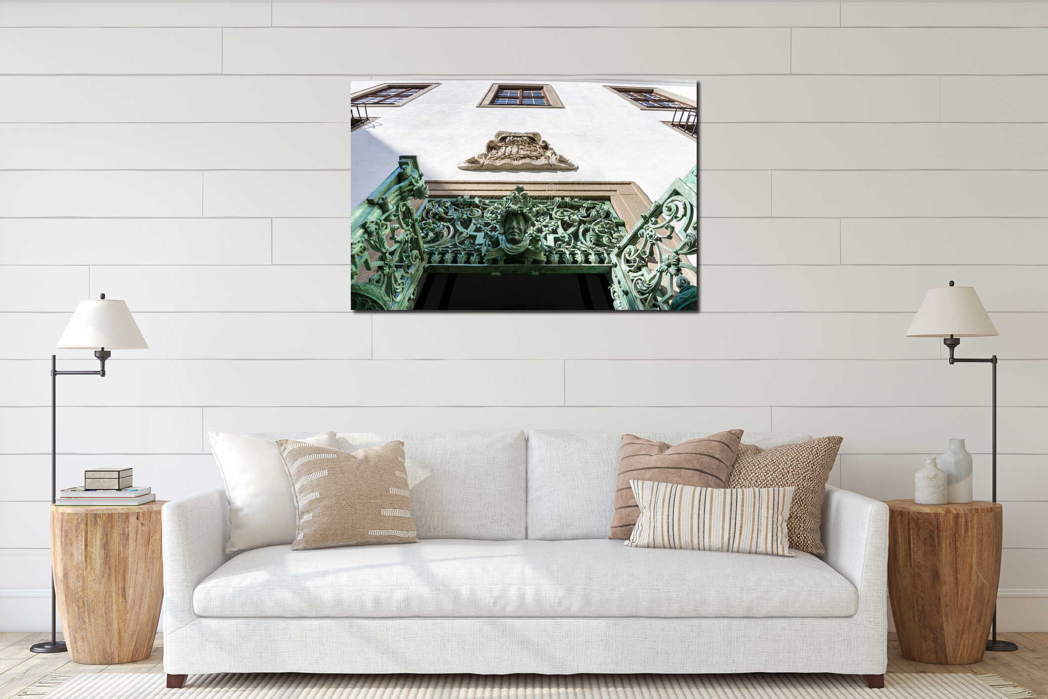 Decorative metal lattice doors at the Mikulov Castle in South Moravia, Czech Republic, sunny day interior mockup