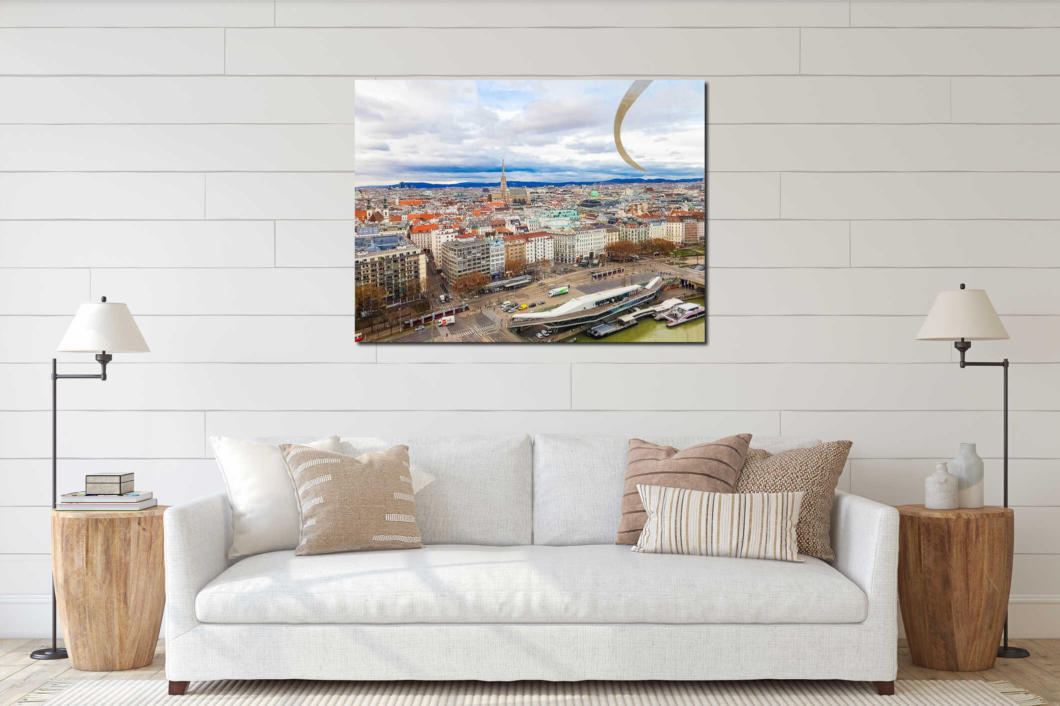 Panoramic view of Vienna, cityscape of roofs of houses, skyline, domes of cathedrals and interior mockup