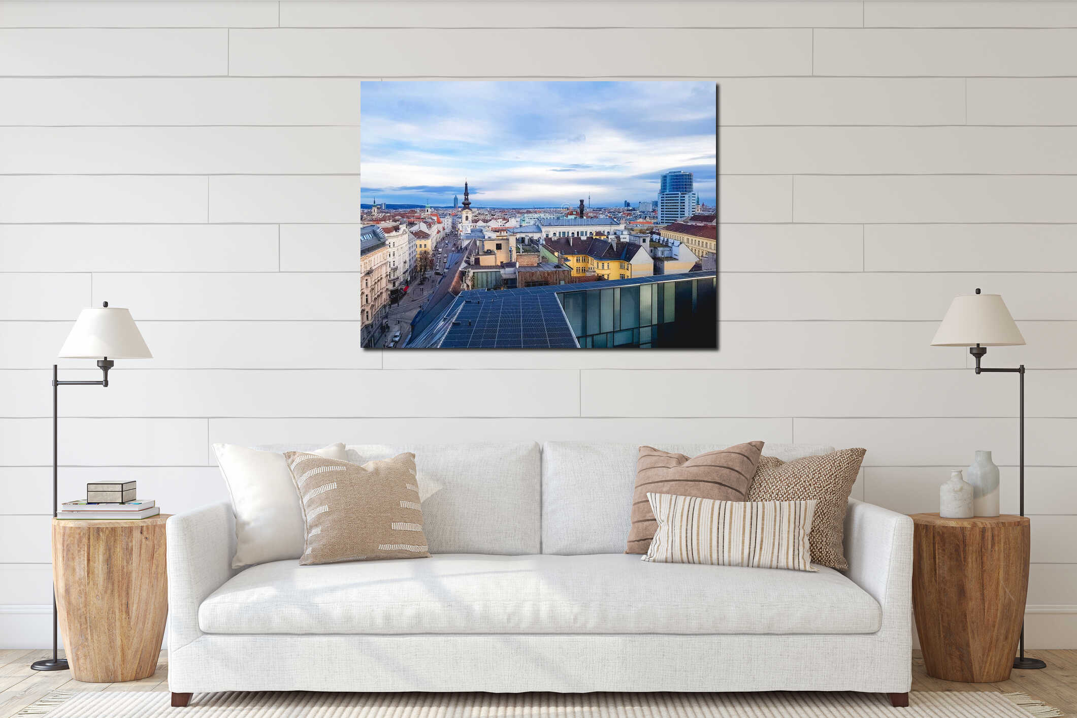 Panoramic view of Vienna, cityscape of roofs of houses, skyline, domes of cathedrals and interior mockup