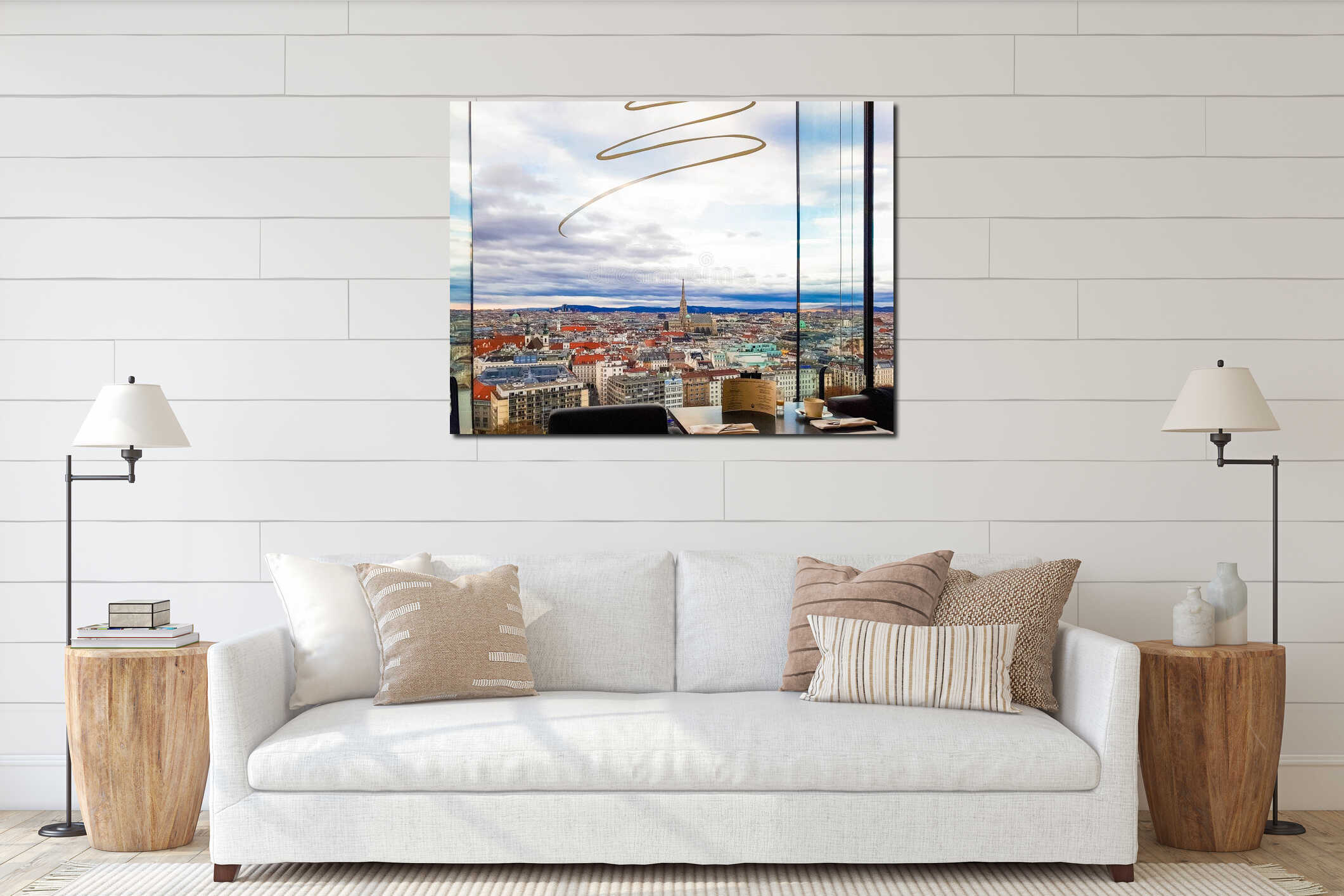 Panoramic view of Vienna, cityscape of roofs of houses, skyline, domes of cathedrals and interior mockup