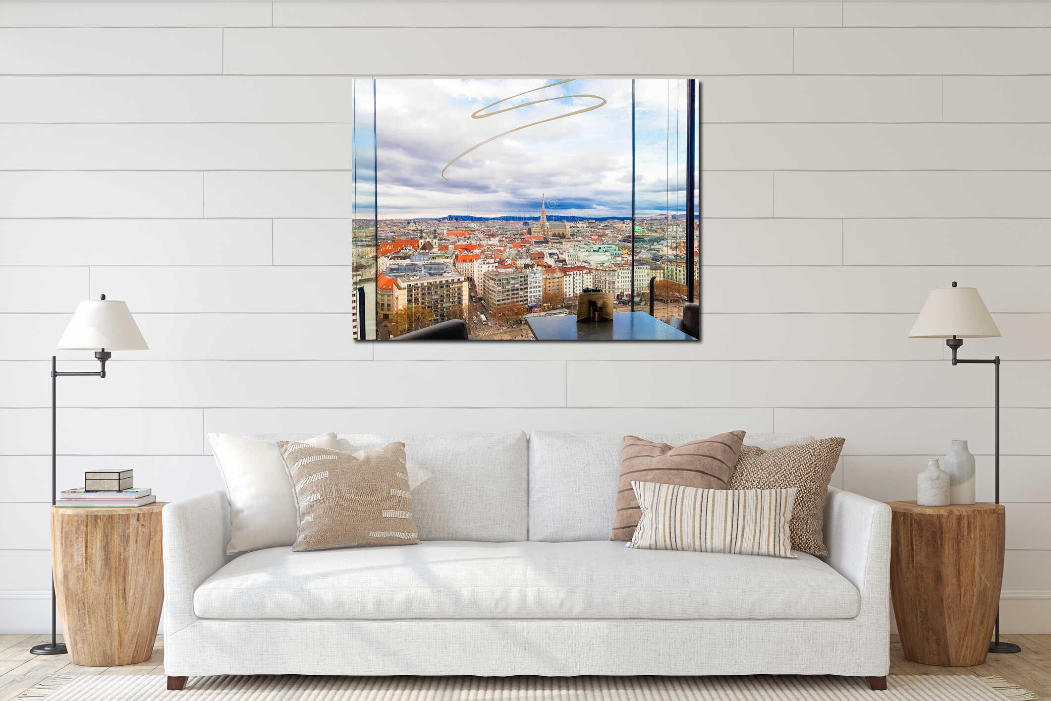 Panoramic view of Vienna, cityscape of roofs of houses, skyline, domes of cathedrals and interior mockup