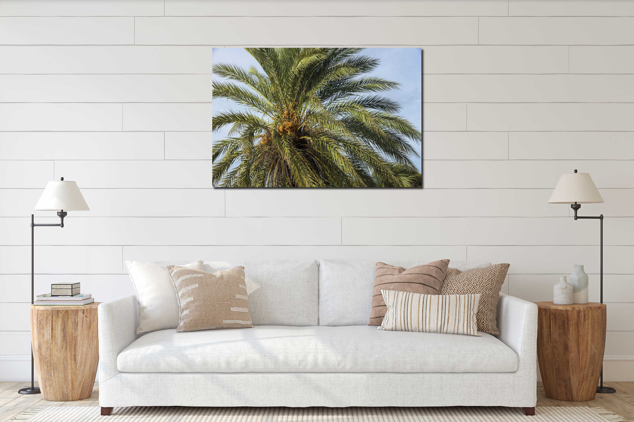 View of date palm on tree from below.. Green palm trees on coast line. Amazing  sky white clouds and endless skyline. interior mockup
