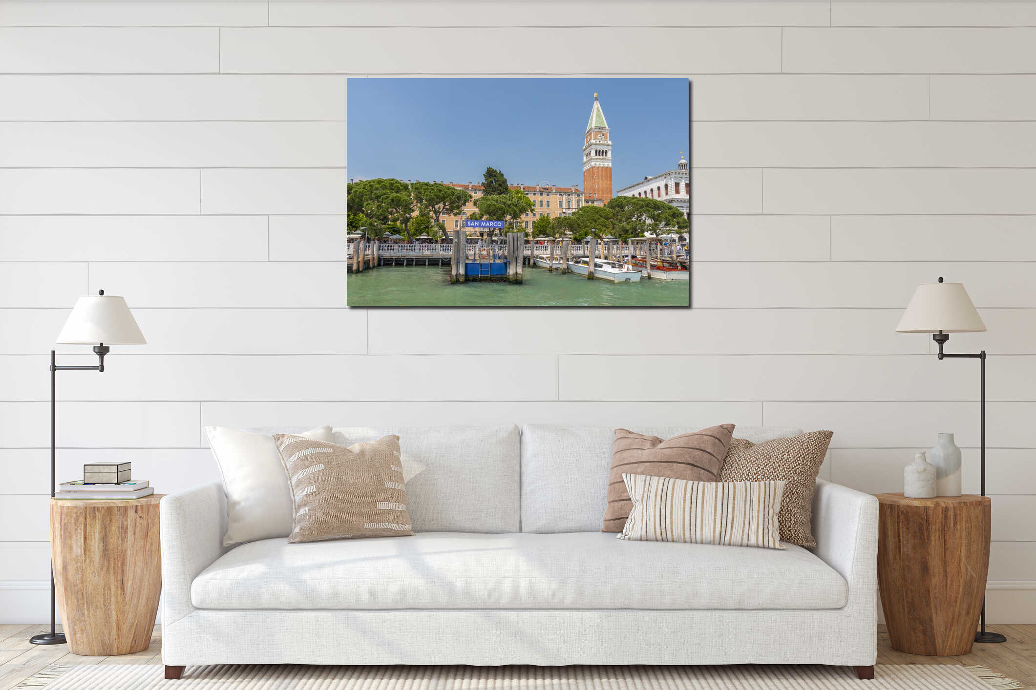 View of the lagoon with Campanile on Piazza di San Marco and water bus  vaporetto  stop, Venice, Italy interior mockup