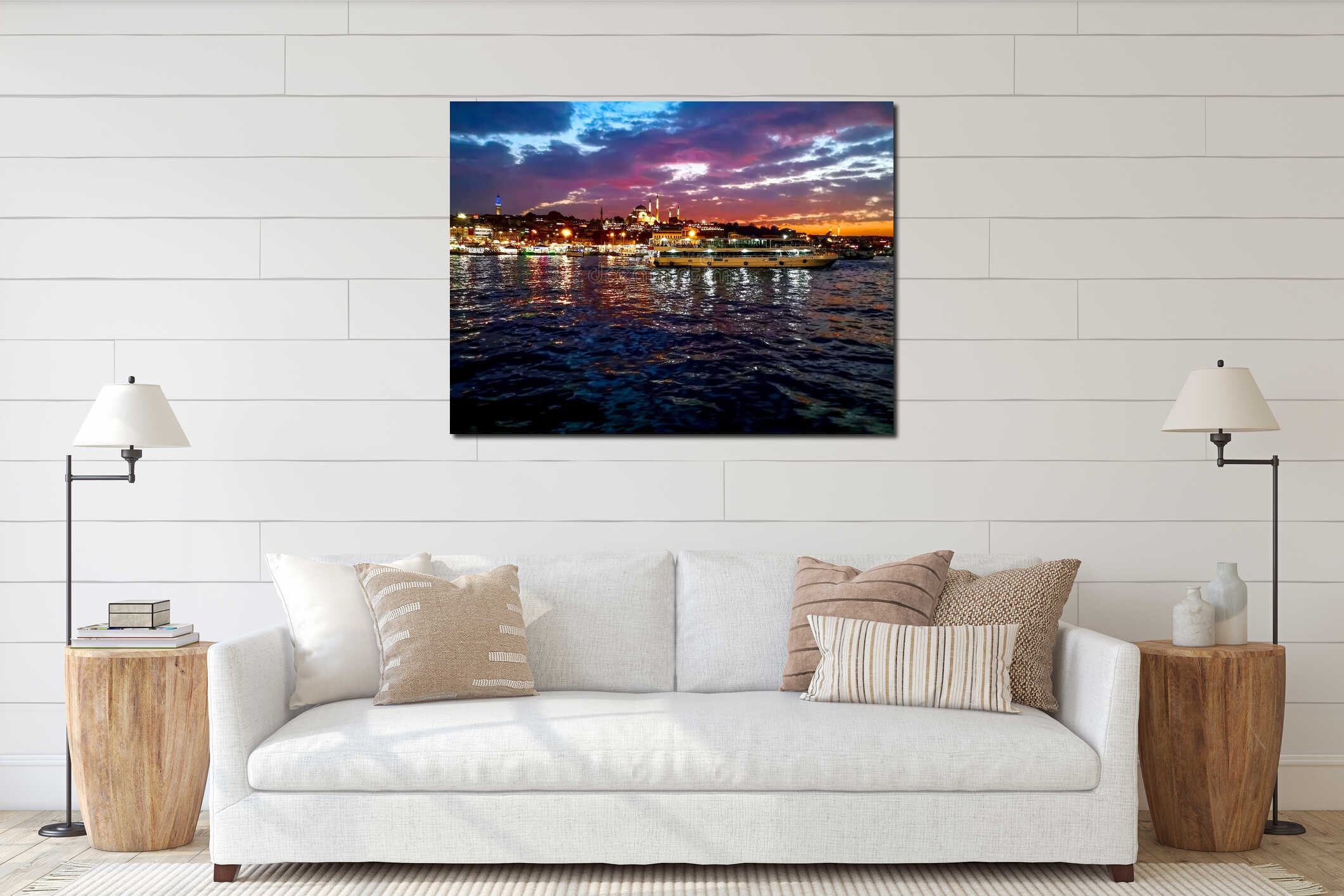 Night view of the Golden Horn in Istanbul with a ship on the background of the lights of the Suleymaniye Mosque. Night panorama of interior mockup