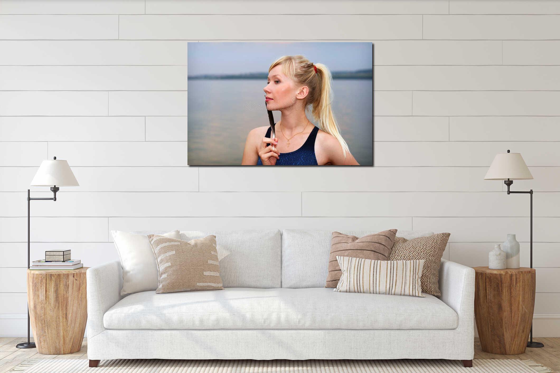 Blond young girl with feather interior mockup
