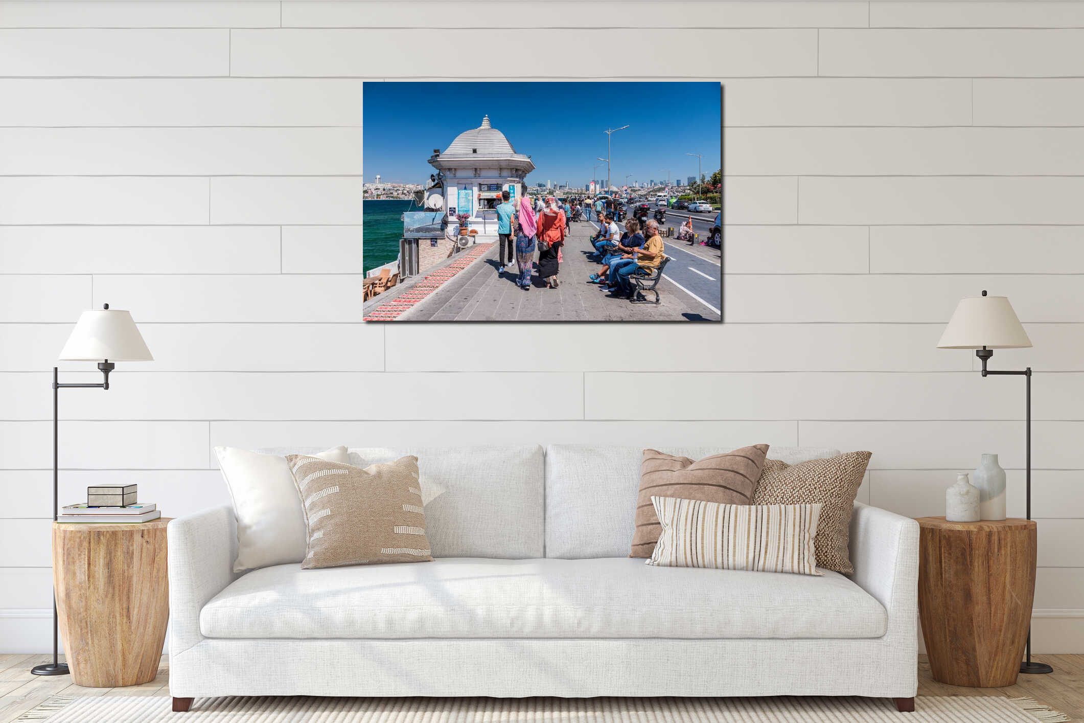 People walking at the Corniche park at Uskudar, Istanbul, Turkey, on the Anatolian shore of the Bosphorus. near the Maiden`s Towe interior mockup