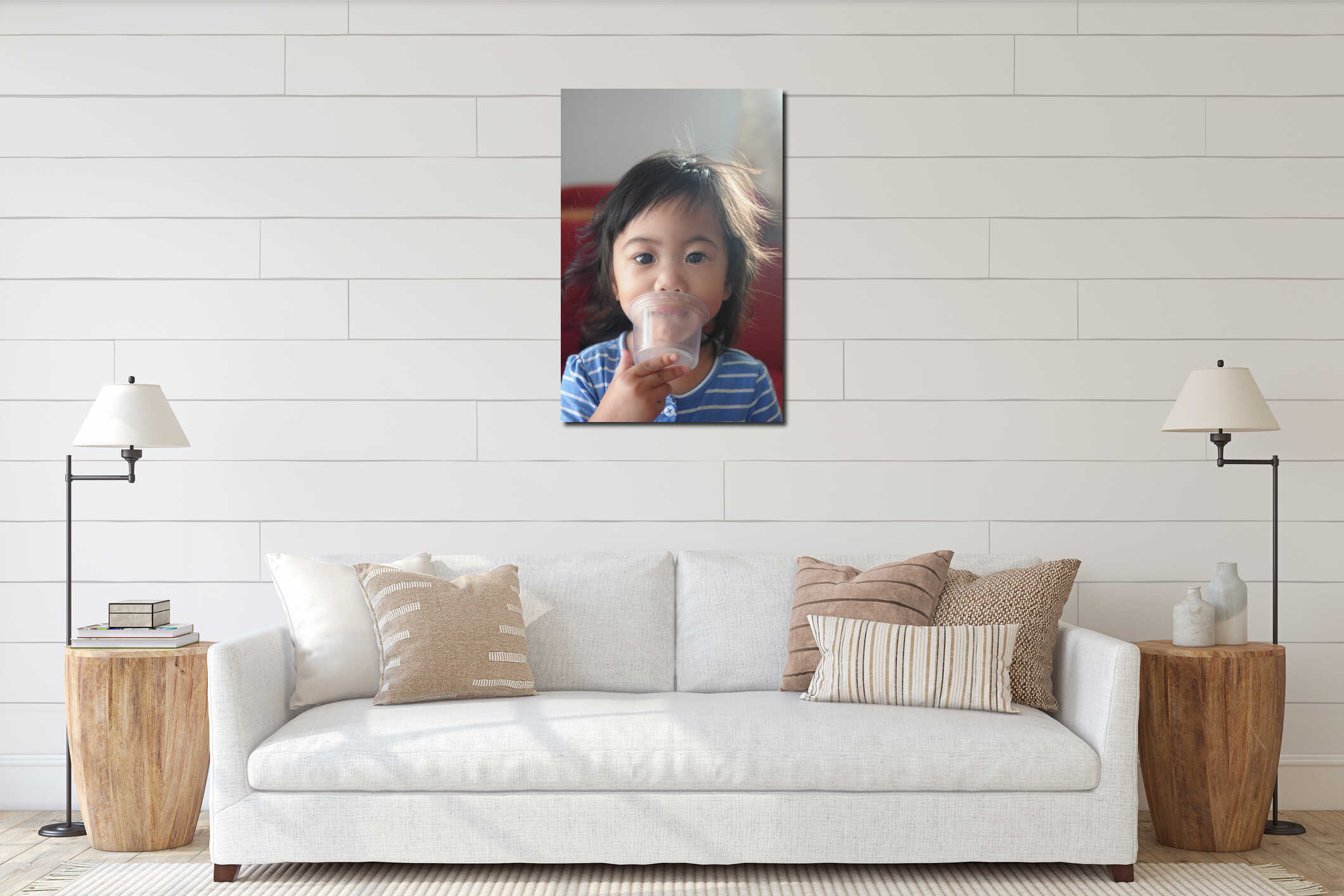 An Asian girl plays a plastic cup. interior mockup