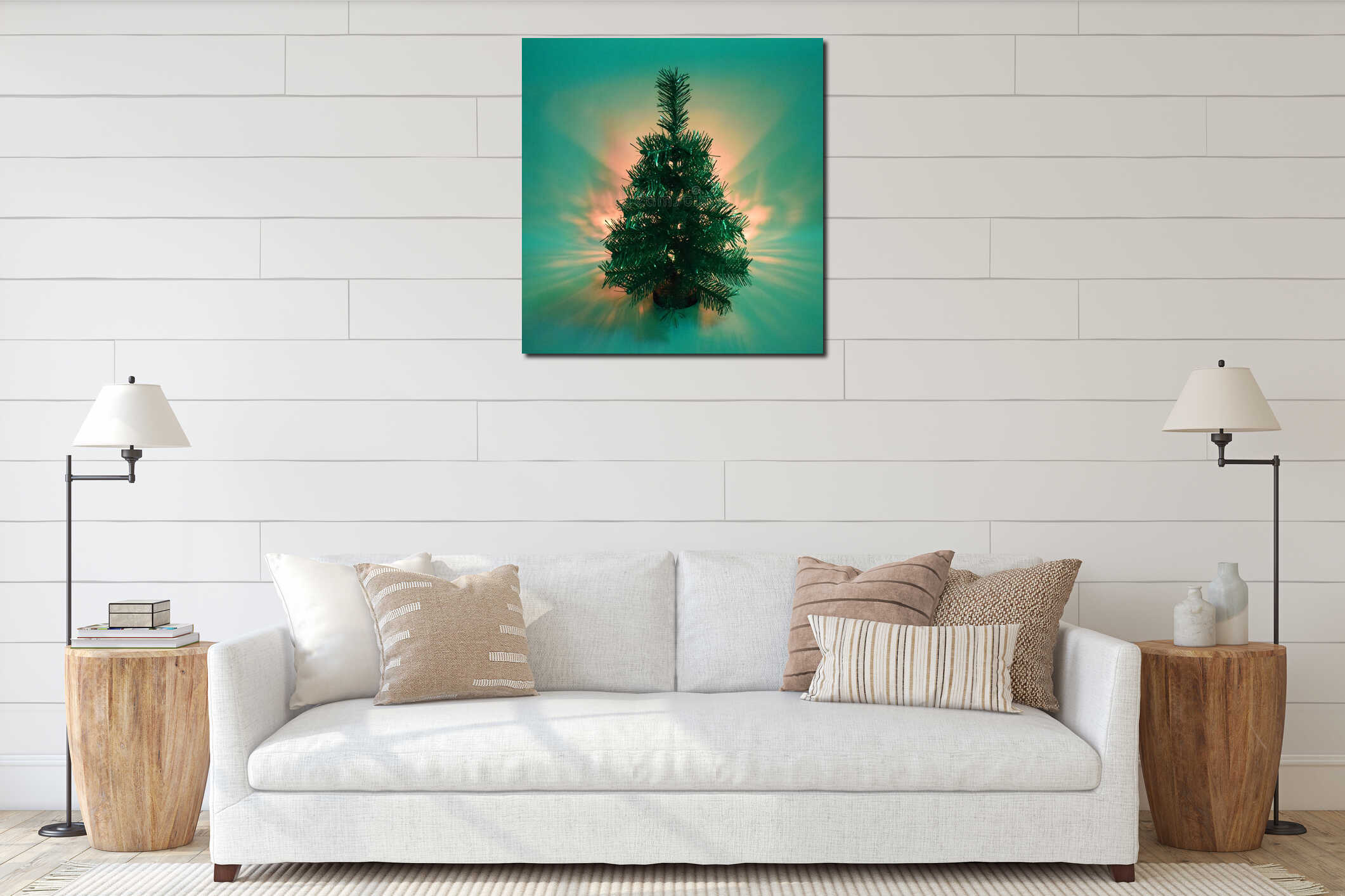 New Year tree glows in green interior mockup