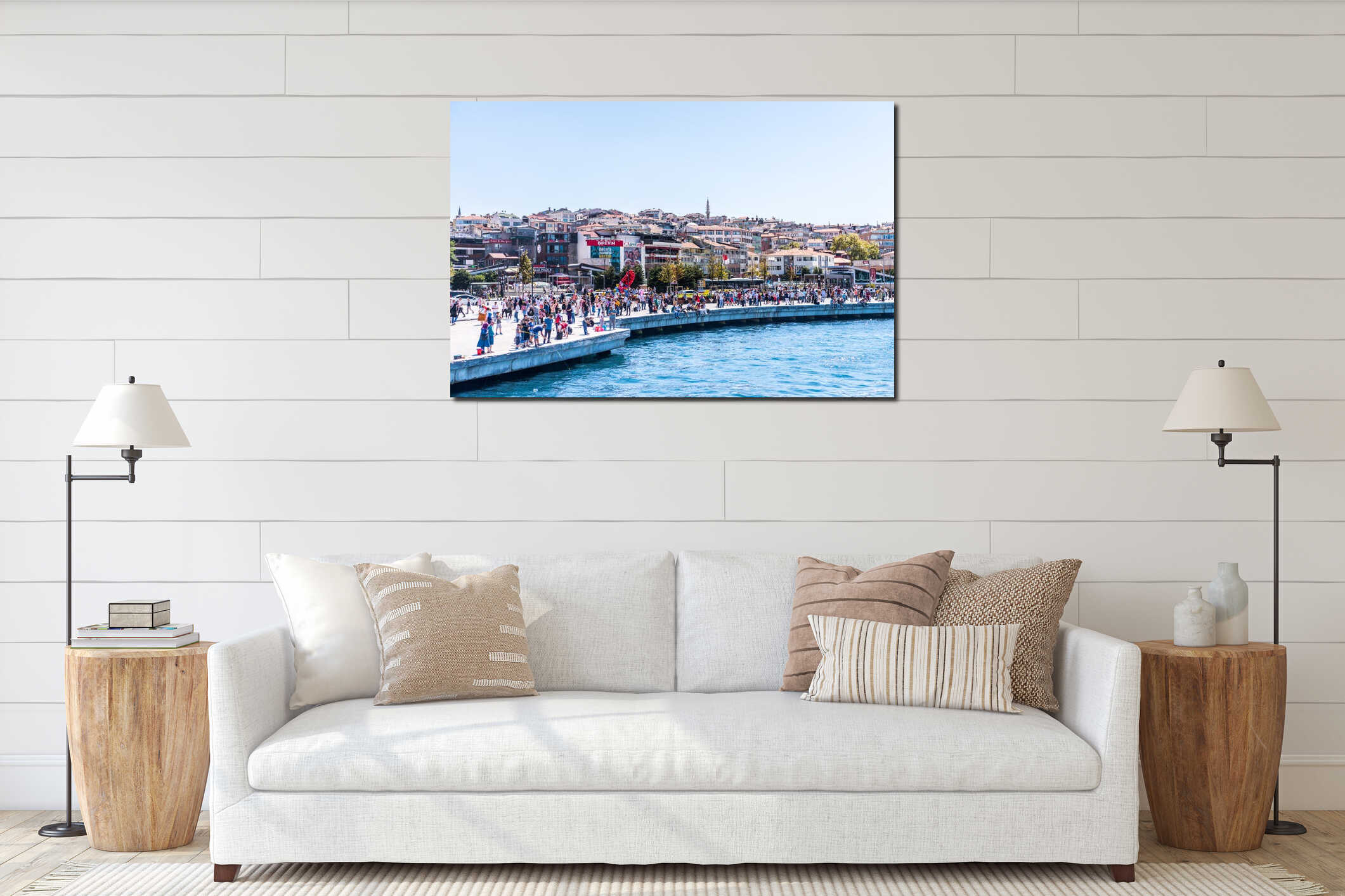 A lot of people at the square on holiday near the Uskudar port and Semsi Pasa Mosque Complex , an Ottoman mosque located in the interior mockup