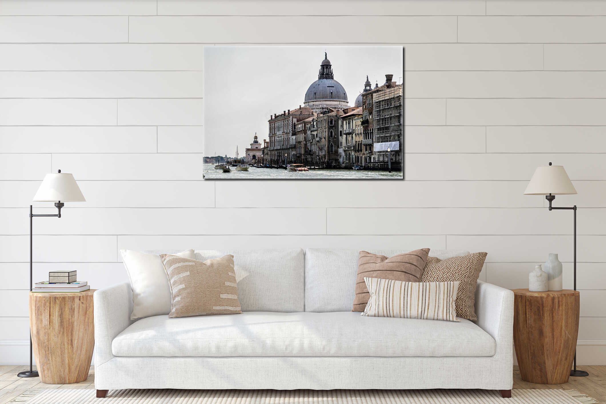 The palaces and historical houses from the Grand Canal, Venice, Italy . The coupol of Salute church over the roofs. interior mockup