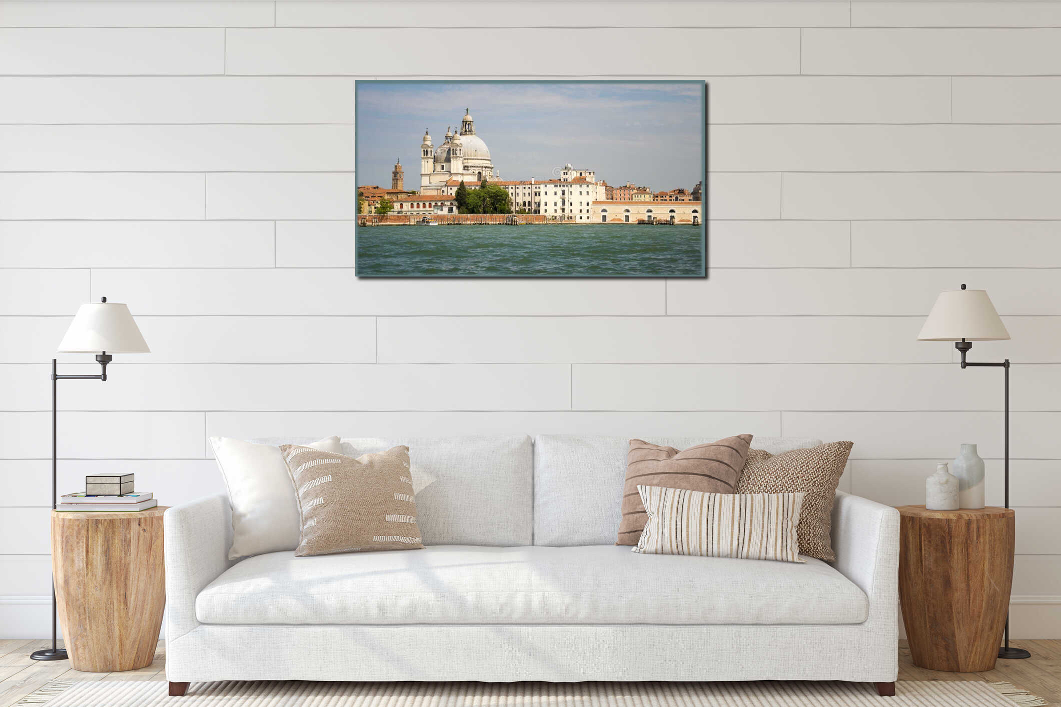 The palaces and historical houses from the Grand Canal, Venice, Italy . Bridges, palaces and the sea. Salute church. interior mockup