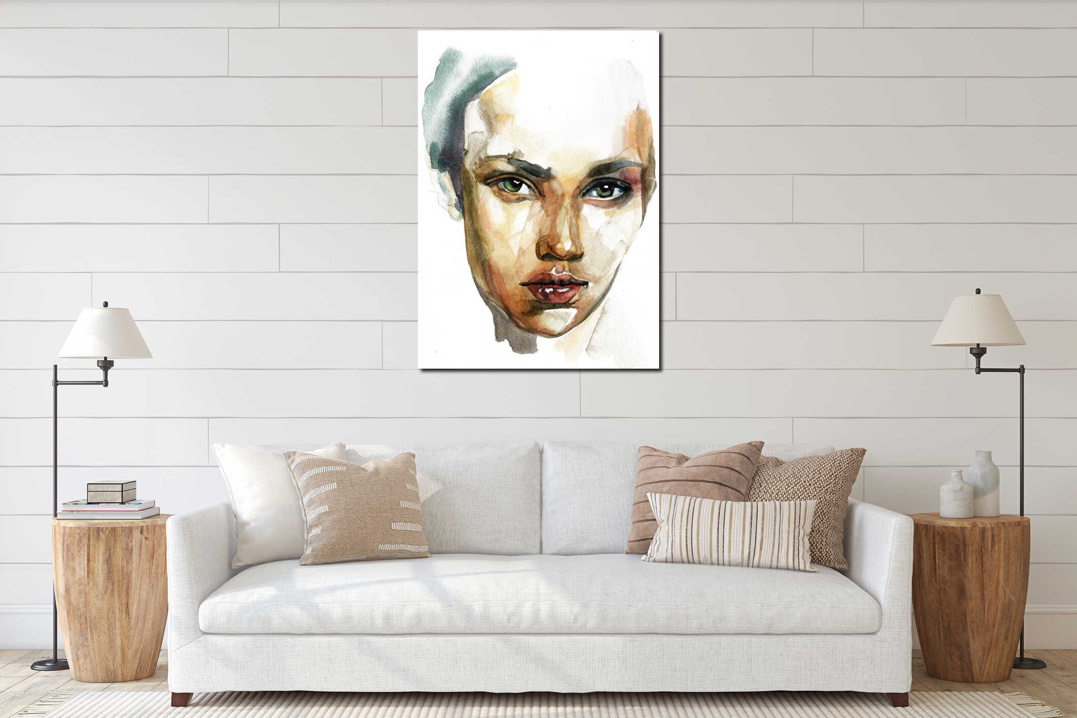 Caucasian woman portrait hand drawn watercolor illustration interior mockup