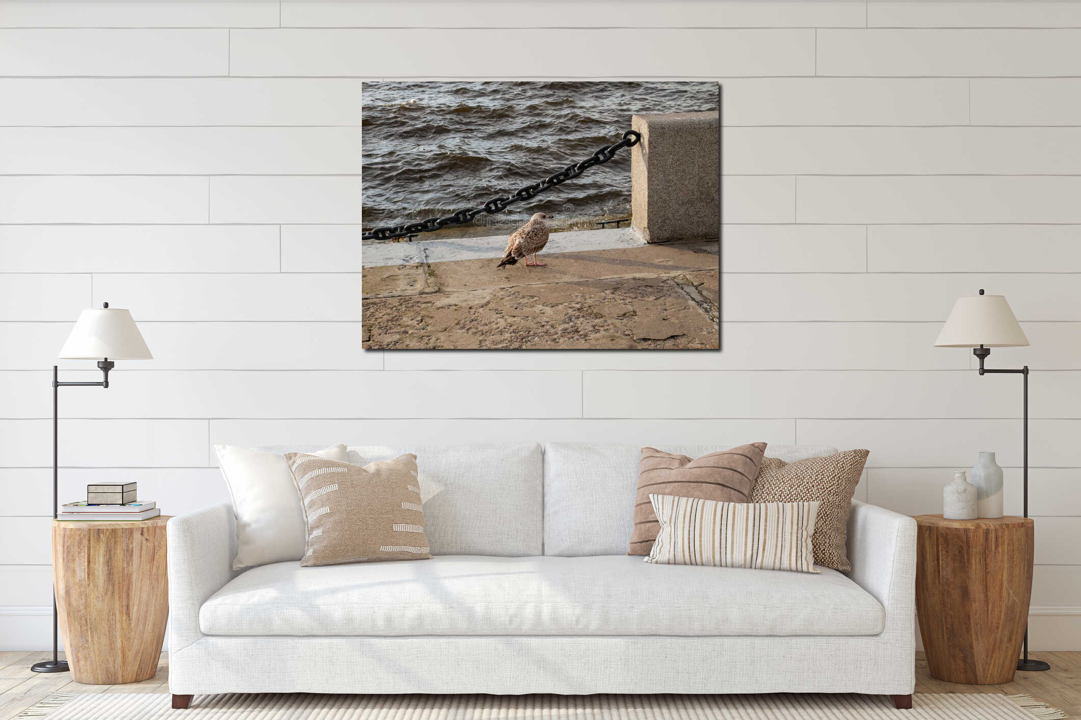 The seagull stands on a granite embankment interior mockup