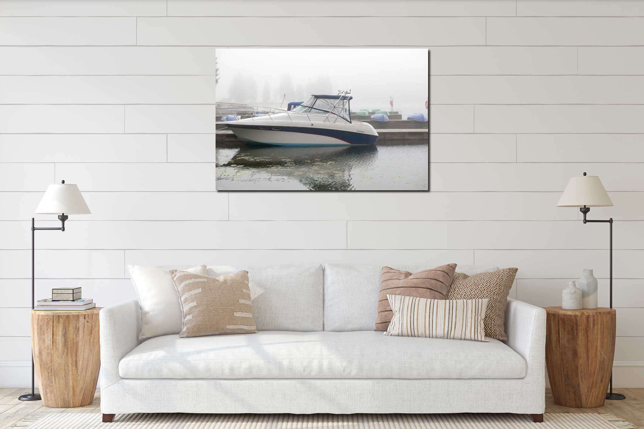 Motorboats, yachts and boats  in a foggy morning interior mockup
