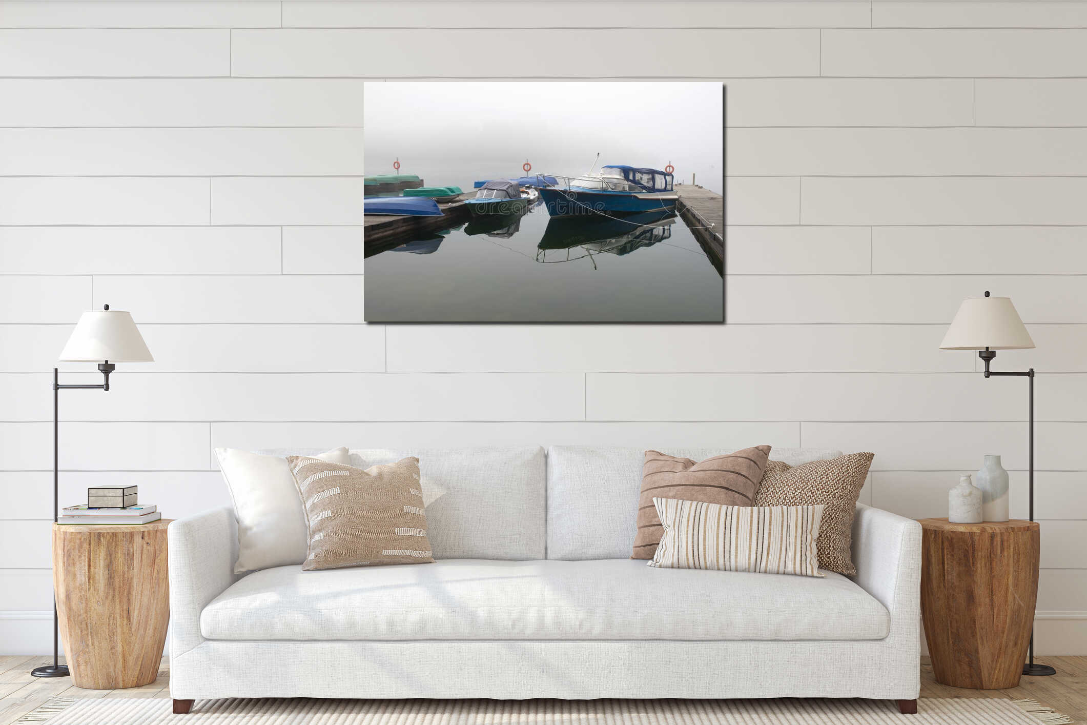 Foggy morning on the lake interior mockup