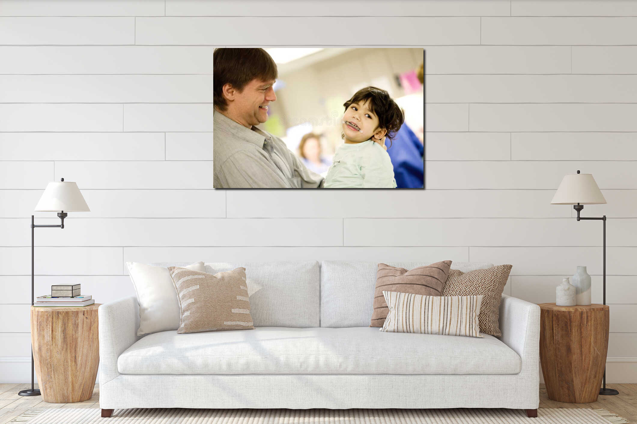 Father holding sick disabled little boy in hospital before surgery interior mockup