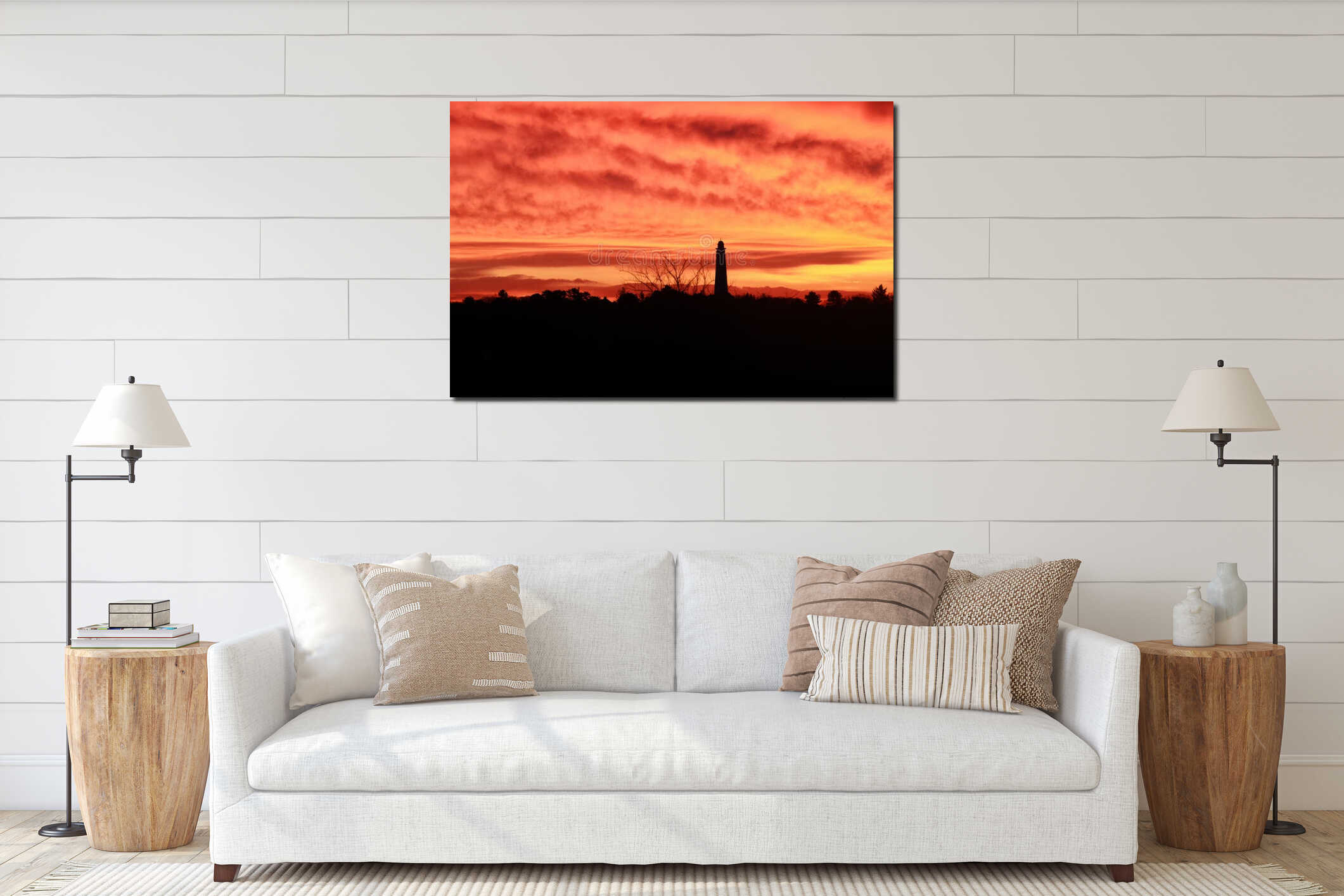 Lighthouse silhouette over purple dawn sky interior mockup