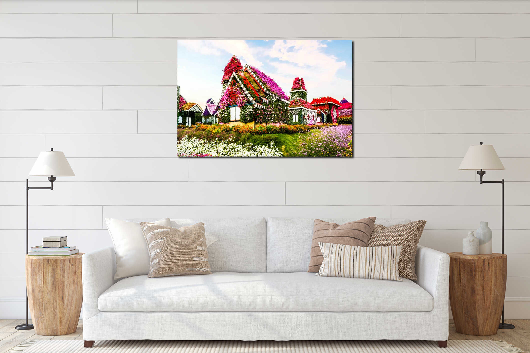 Flourish Landscape of Miracle Garden with over 45 million flowers on a sunny day, Flower Garden in Dubai, UAE interior mockup