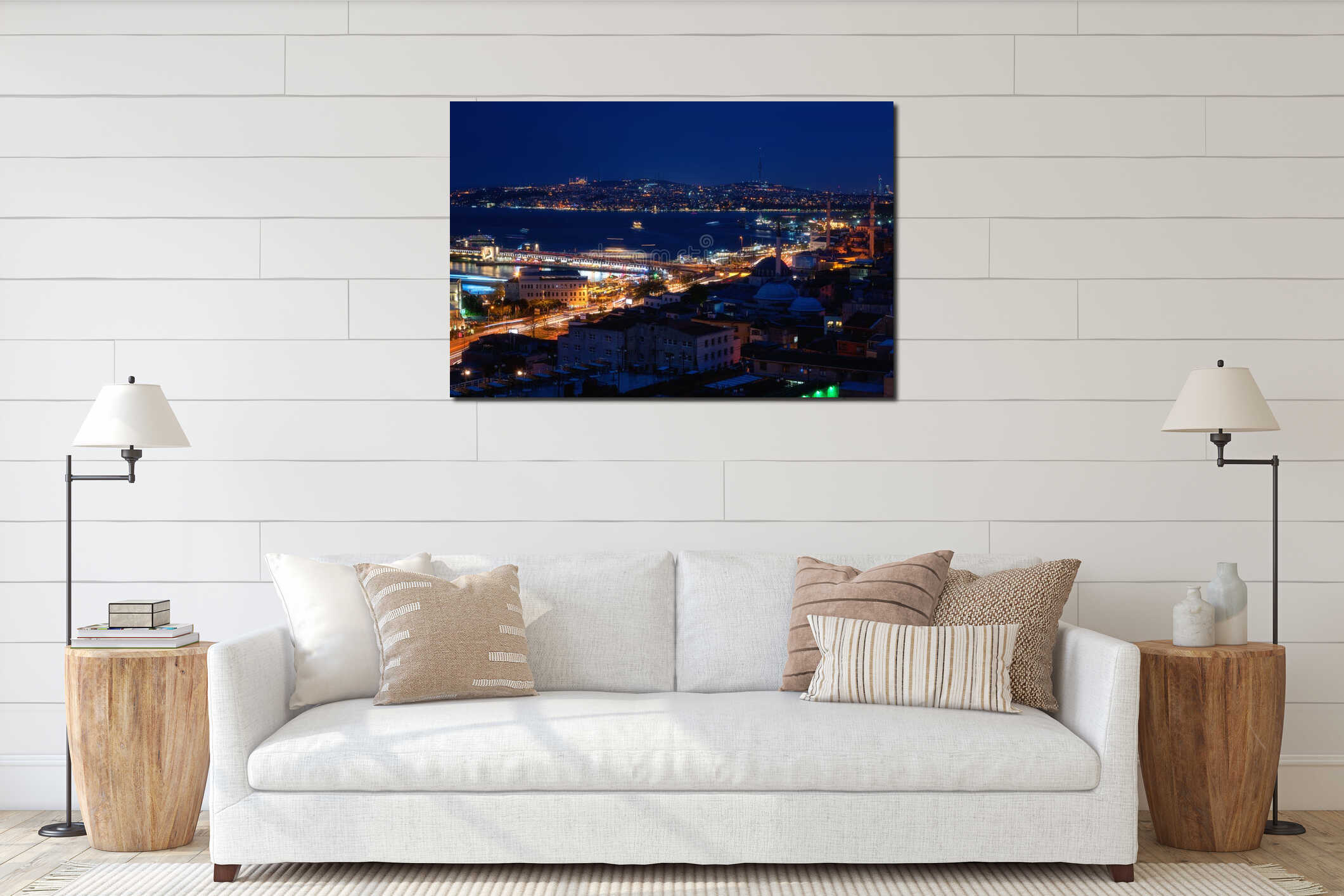 Night view of Istanbul, scenic cityscape with buildings in lights, bridge, bay and blue sky with full moon, Turkey interior mockup