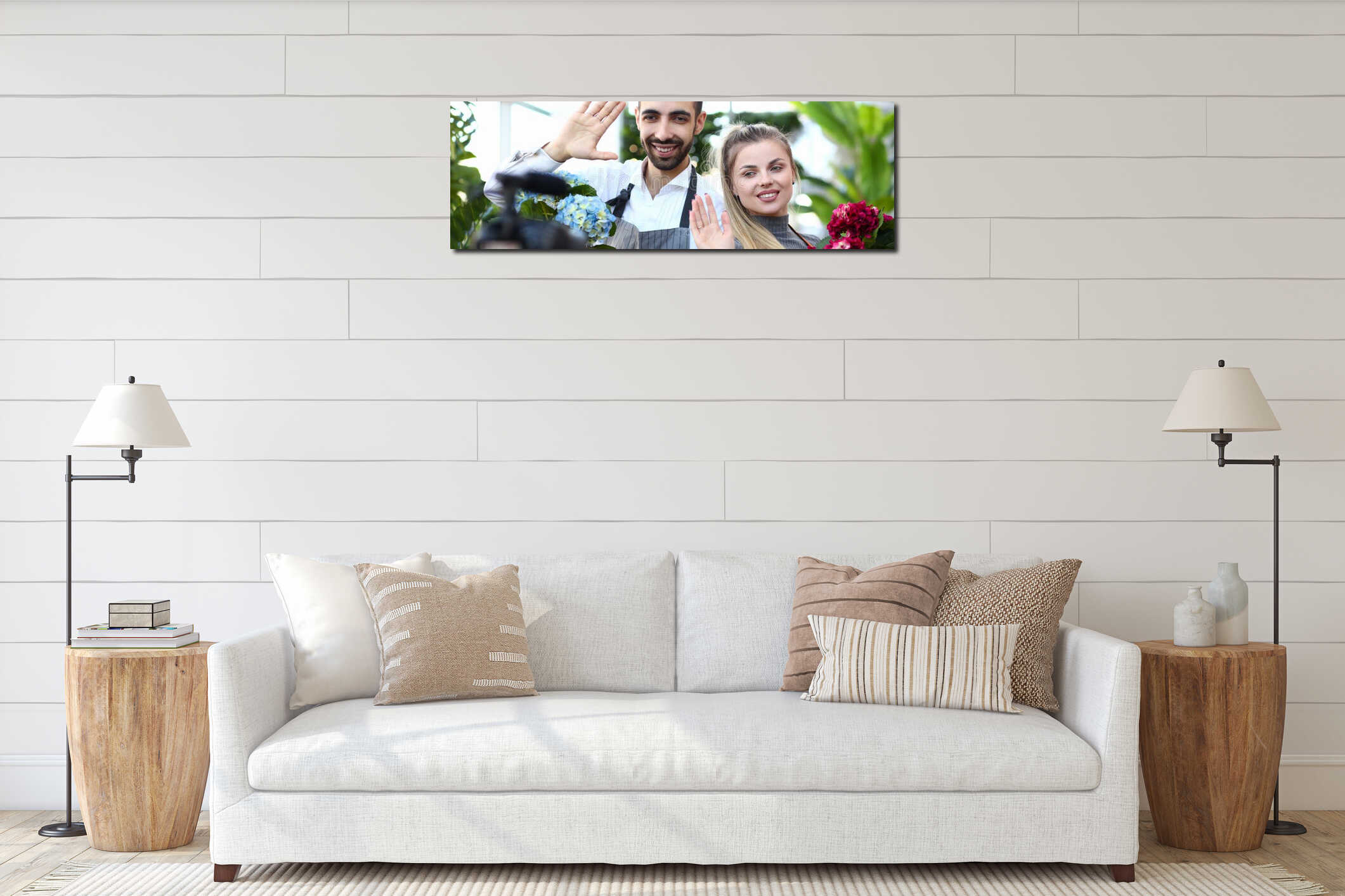 Smiling Vlogger Recording Hydrangea in Flowerpot interior mockup