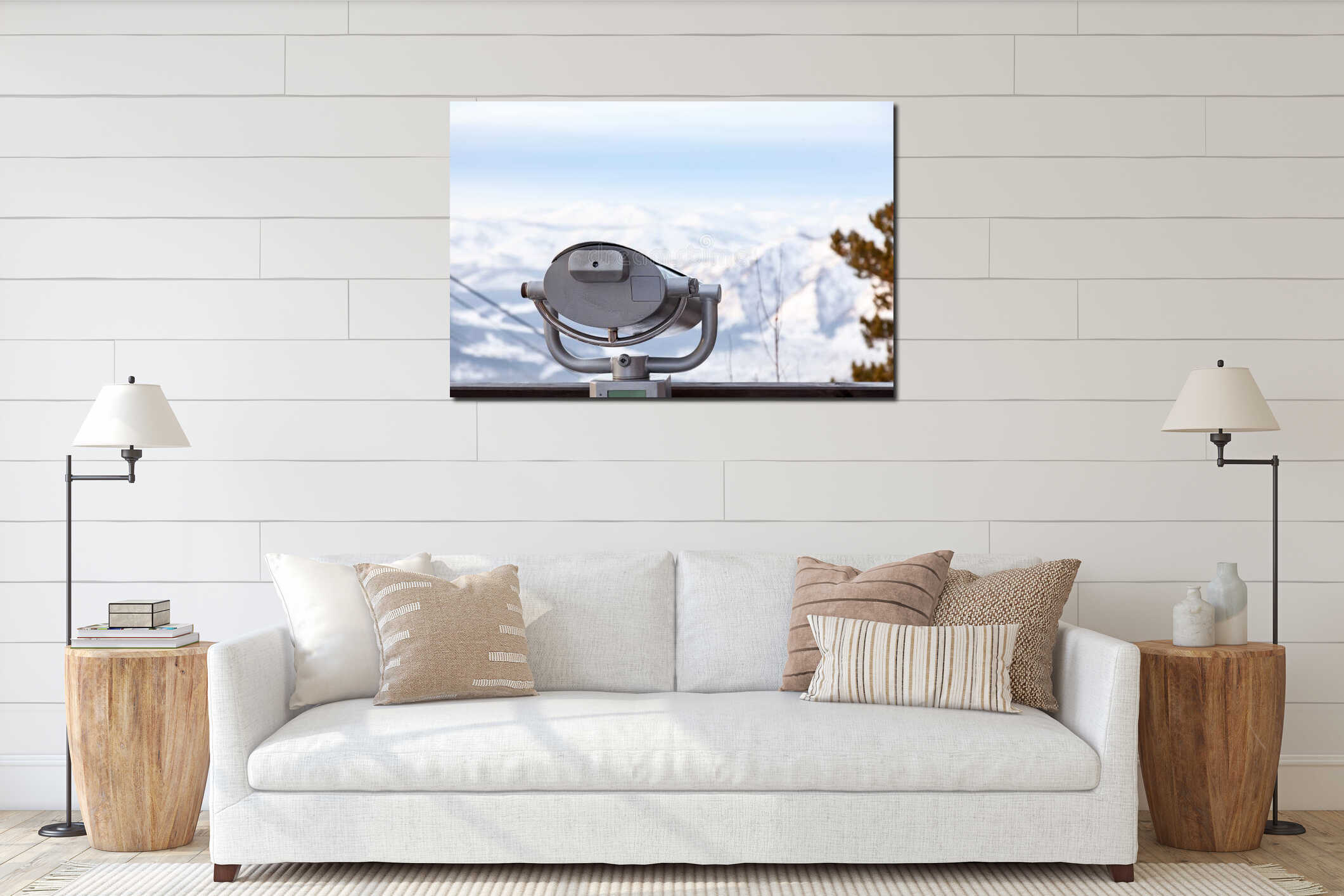 Stationary binoculars on the observation deck in the Altai mountains in winter with snow and beautiful scenery. Rest and travel interior mockup