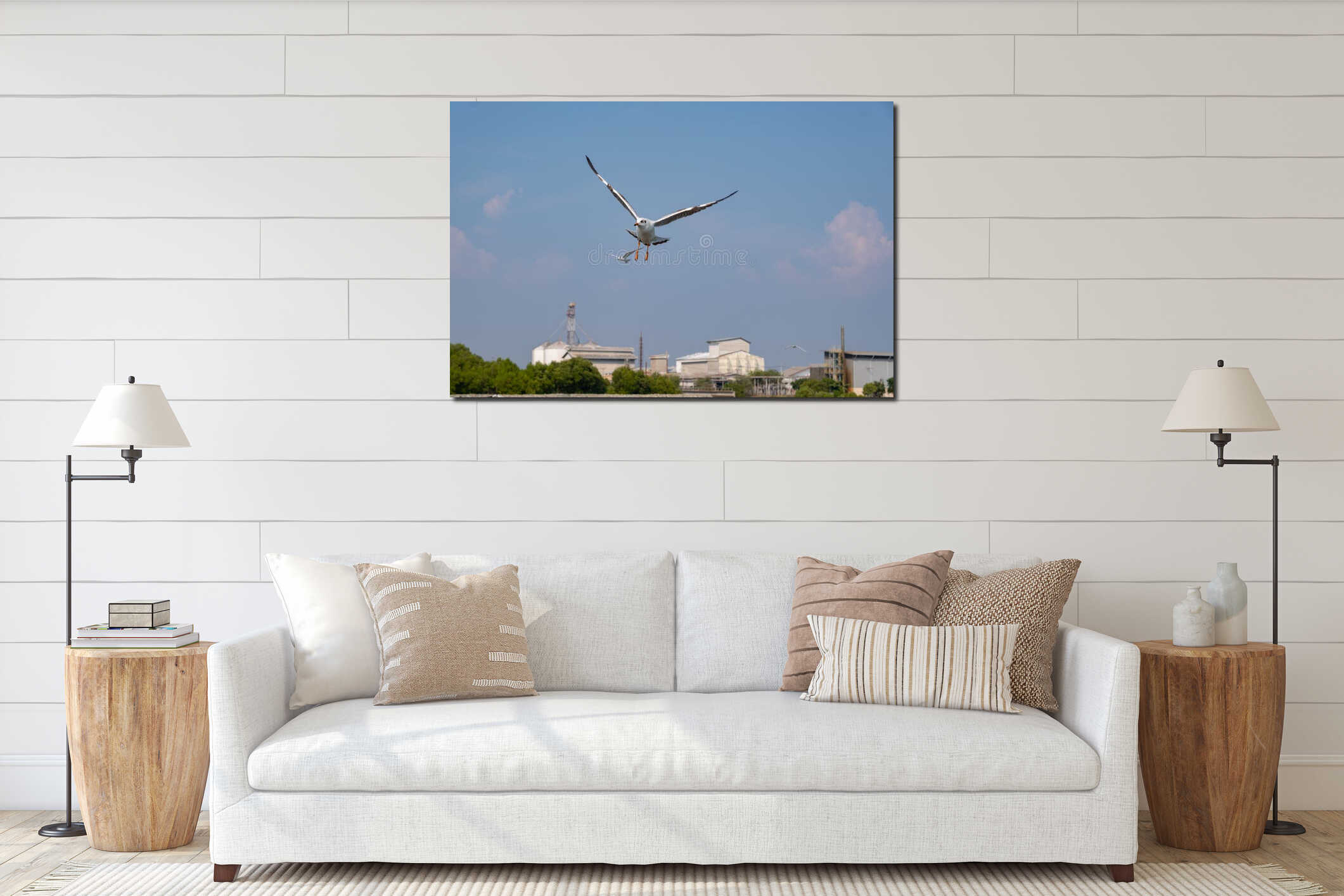 Seagull flying near a seaside factory interior mockup