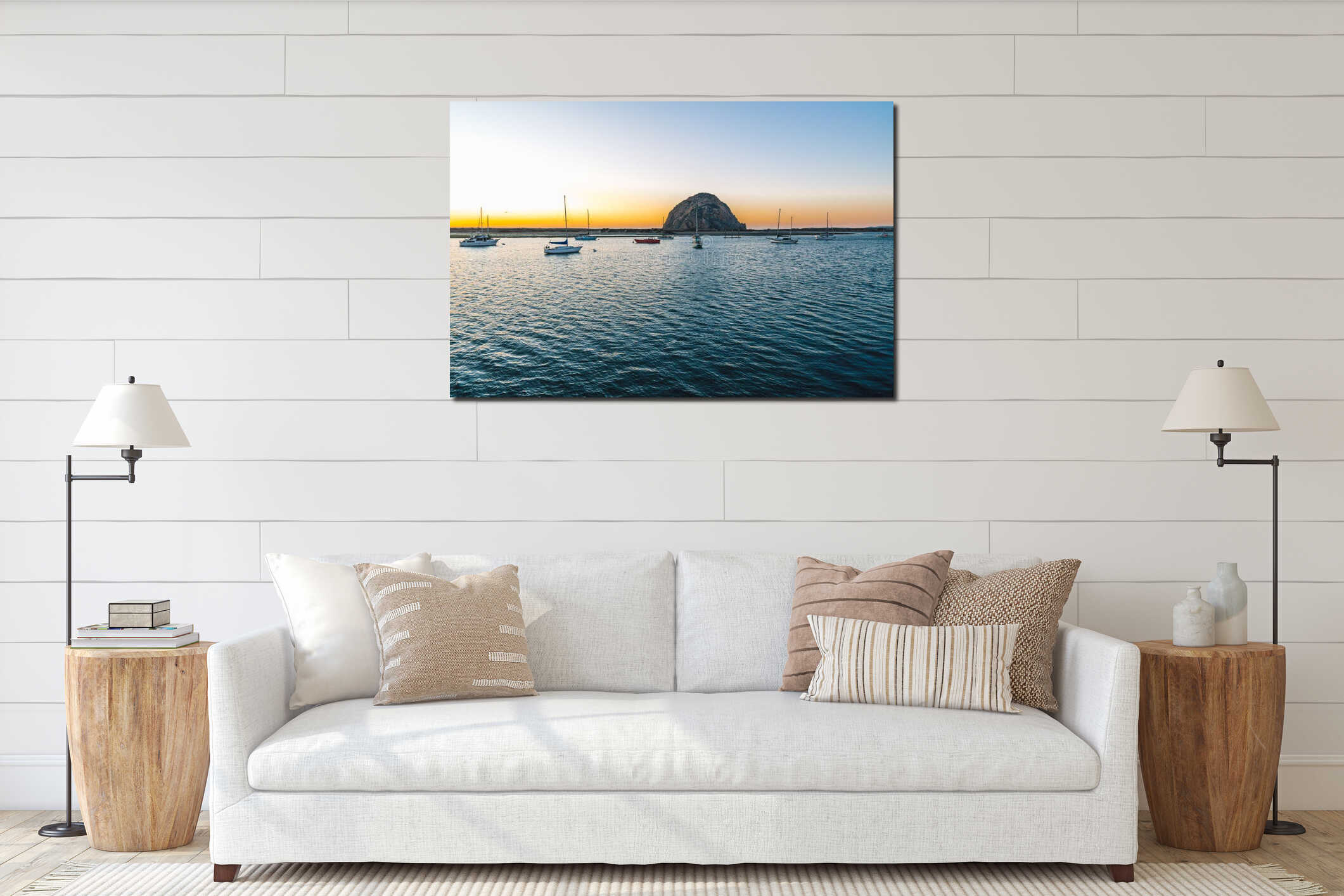 Beautiful sunset at  Morro Bay harbor, California Coastline interior mockup