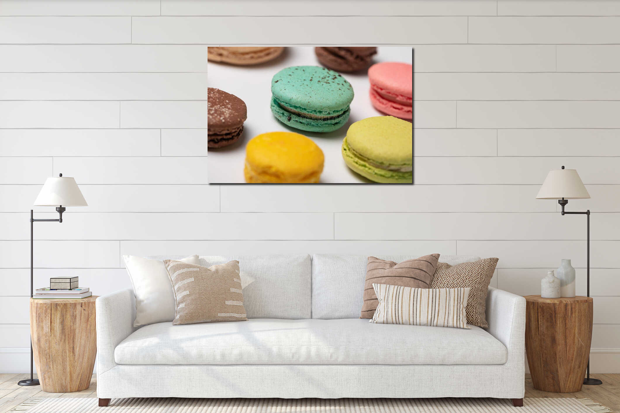 Close-up pattern from colorful French macaroons on white background. Flat lay. Selective focus interior mockup
