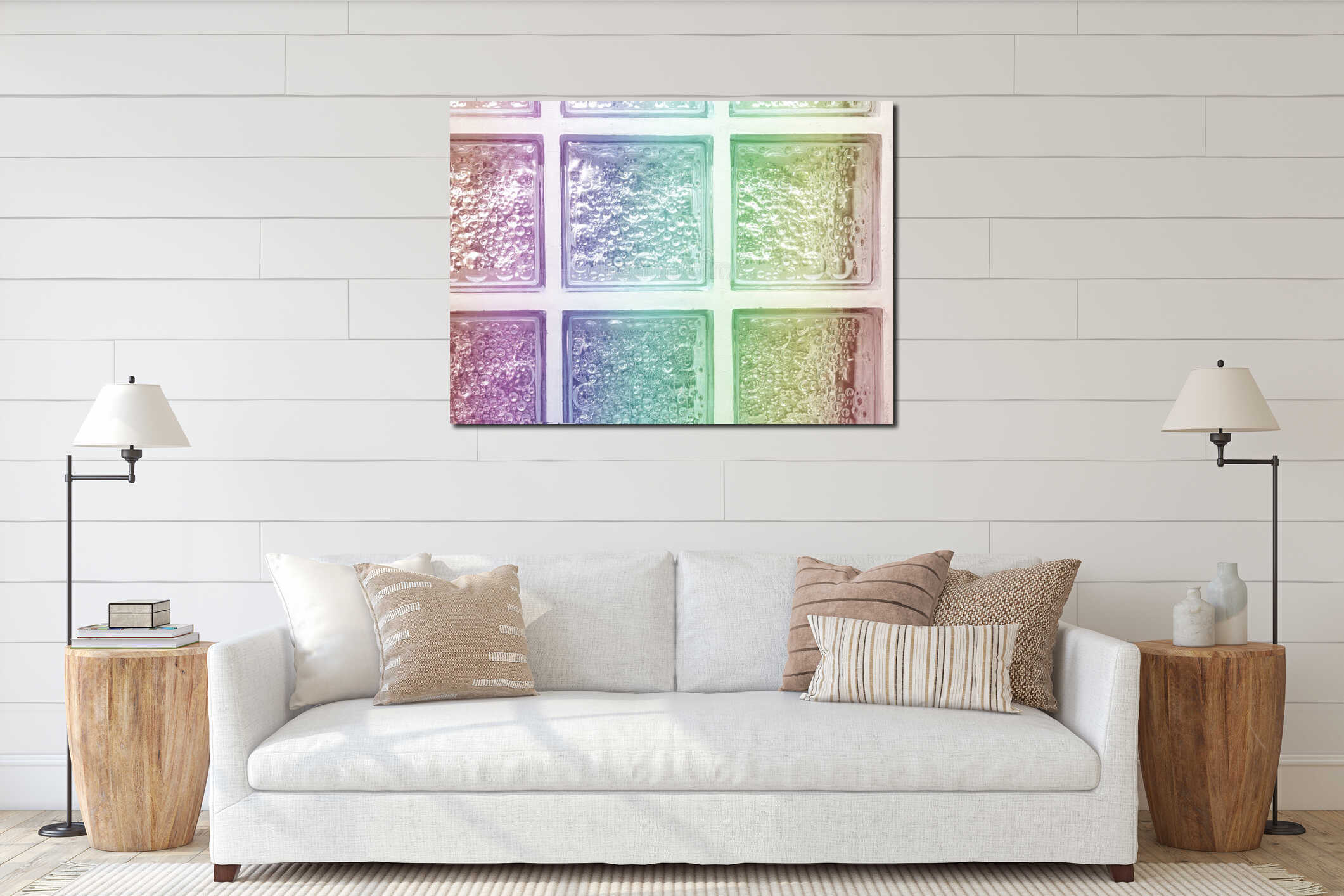 Isolated rainbow gradient colors light transparent block interior mockup