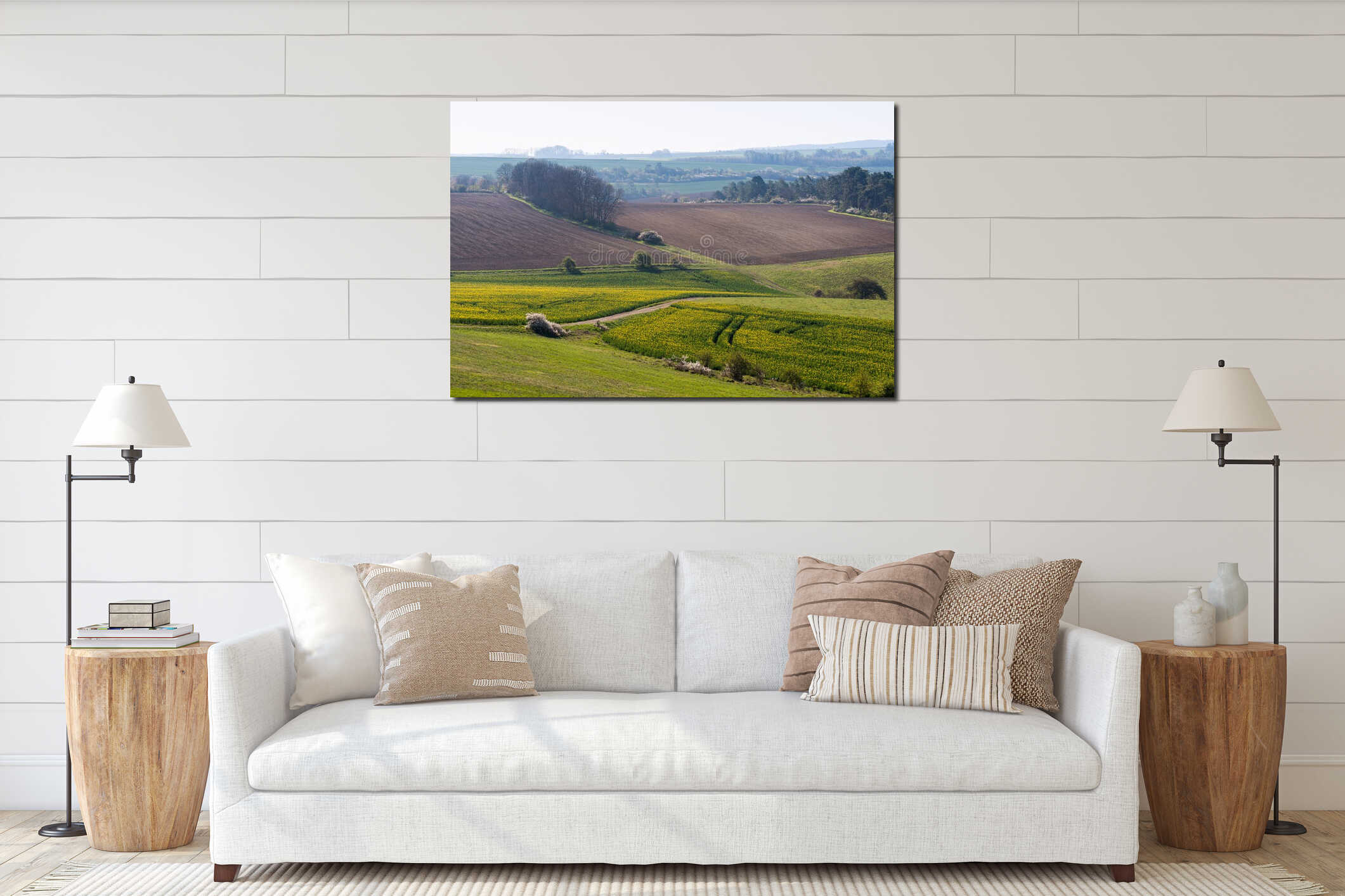 Amazing bright colorful spring landscape with yellow field of flowering rape and arable field farm . interior mockup