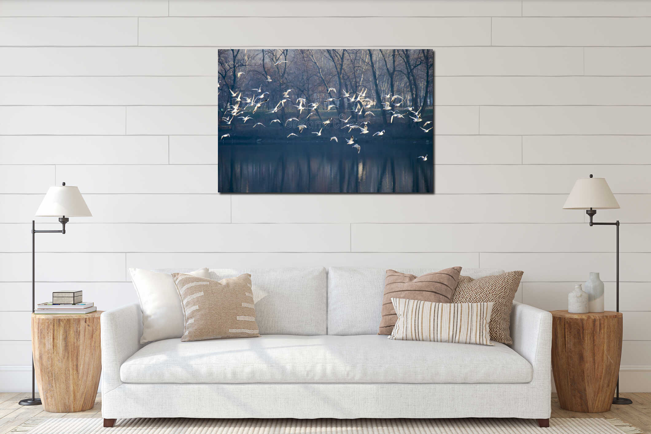 Flock of seagull birds flying above the lake in winter migration interior mockup