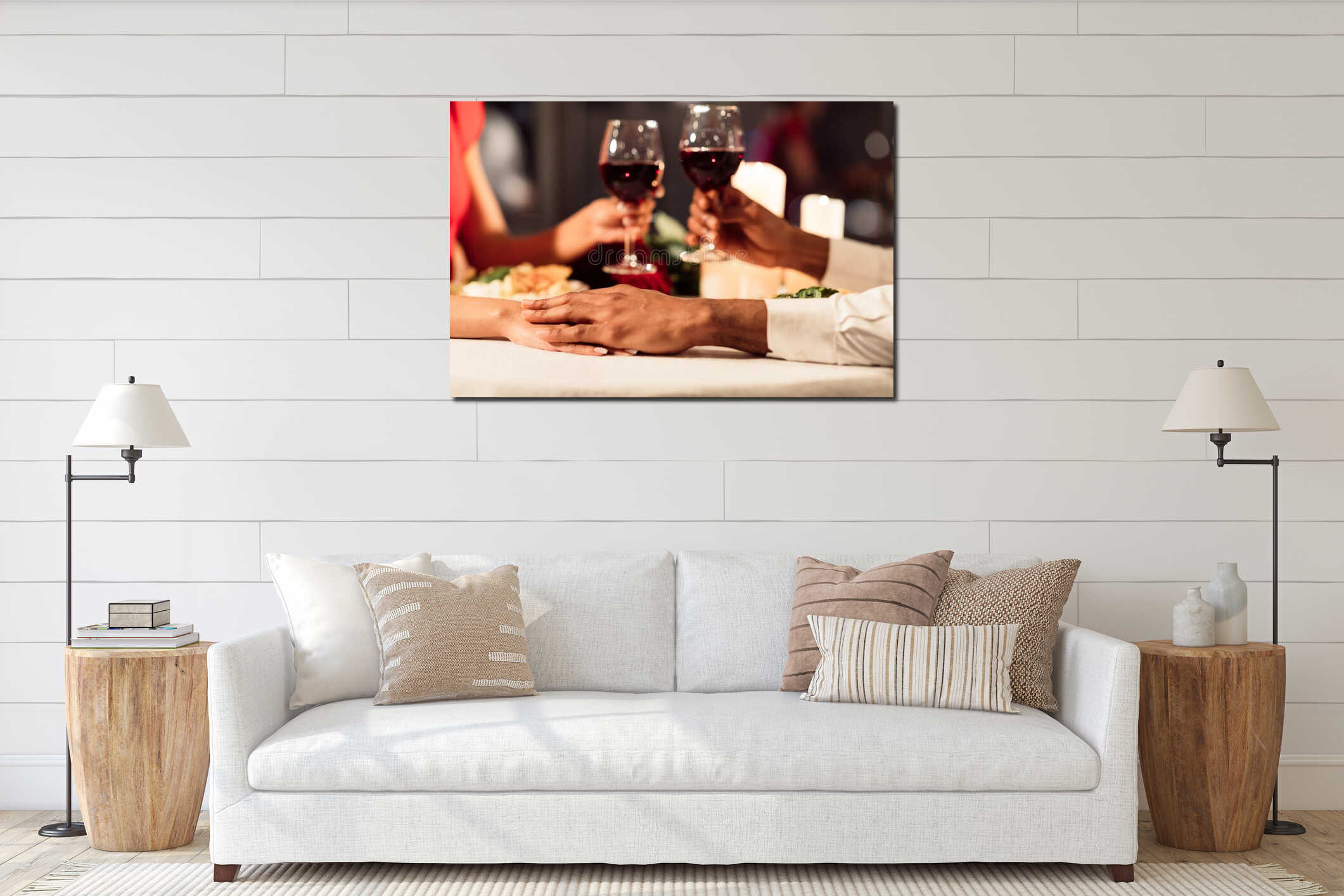 Couple Holding Hands And Toasting Celebrating Valentine In Restaurant, Cropped interior mockup