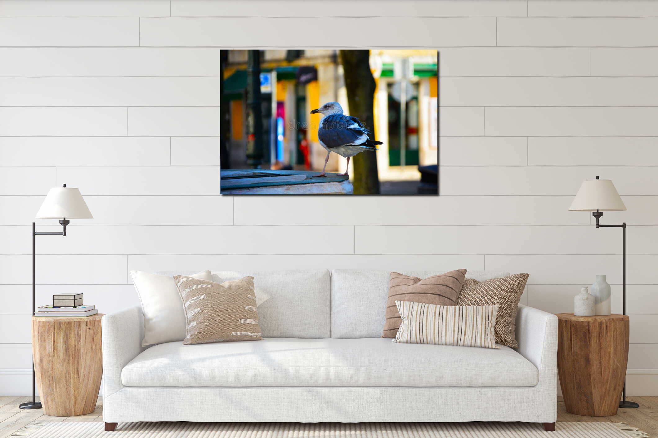 A seagull sits on the edge of a fountain in the city interior mockup