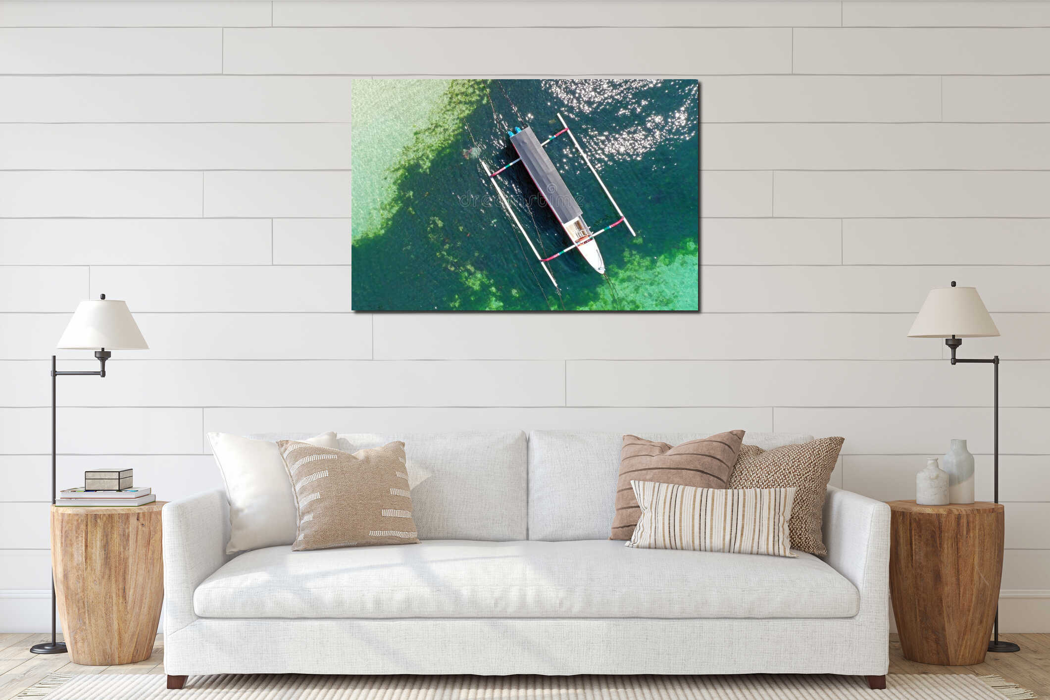 Aerial top shot from a traditional boat at the harbor in Bali Indonesia interior mockup